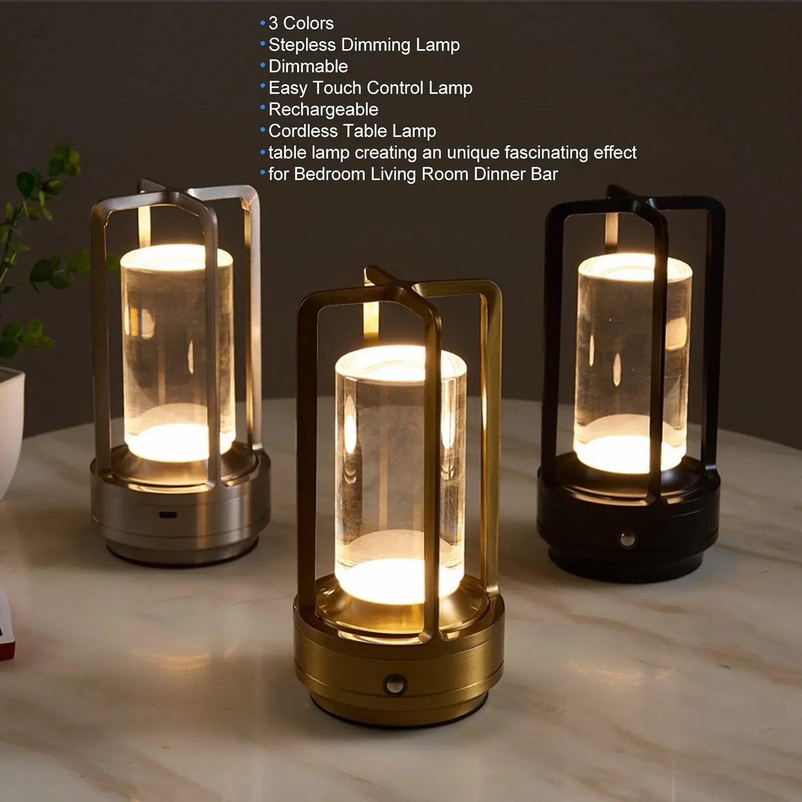 Бездротова настільна лампа світлодіодна акумуляторна сенсорна 3 кольори Срібляста, фото №6