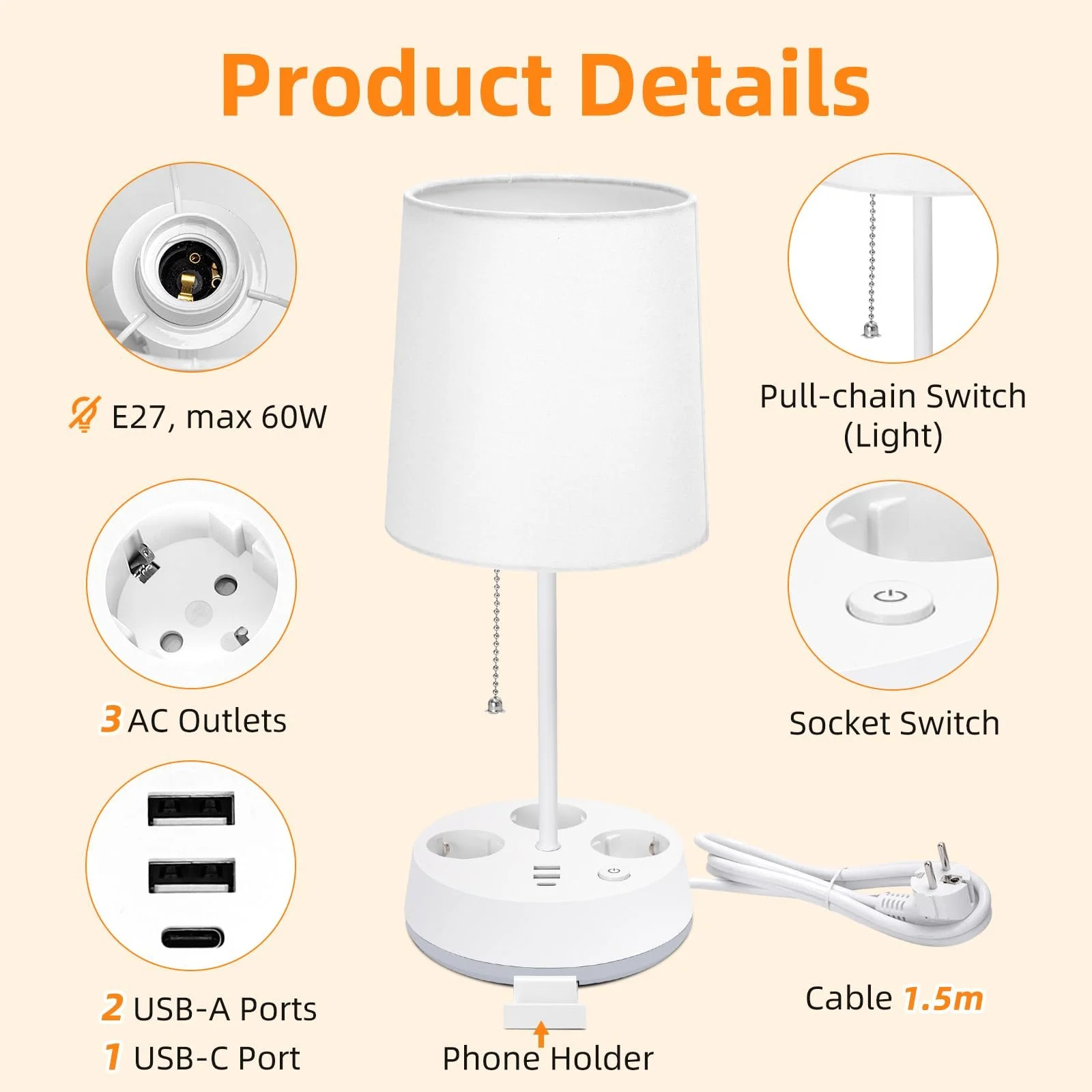 Настільна лампа Aigostar E27 з розетками та портами USB і Type-C Біла, фото №3