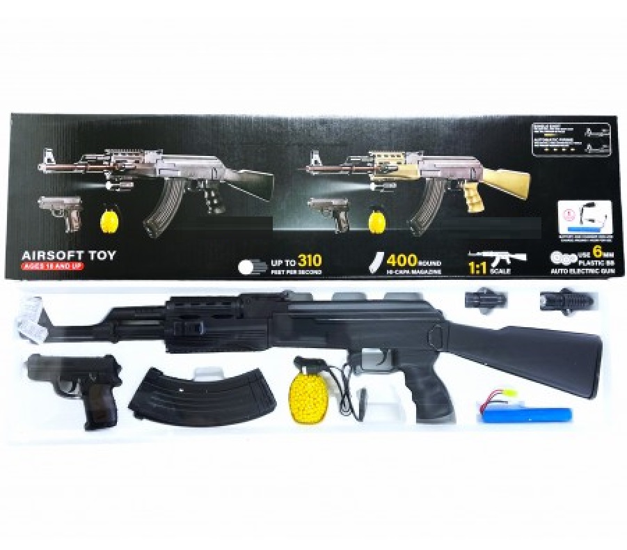 Игручешный Автомат Калашникова АК-47 Tactical Аккумуляторный Cyma Фонарик ЛЦУ + Пистолет кал. 6 мм Black, фото №8