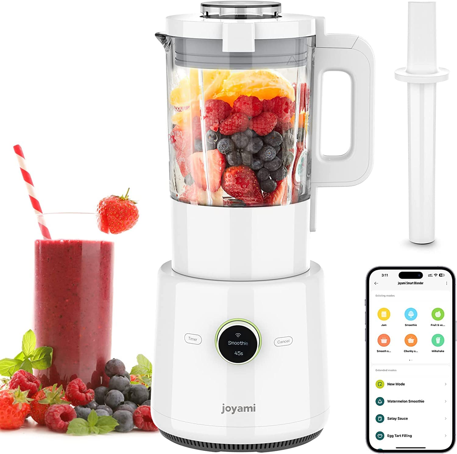 Блендер joyami Smart 1.6 л скляна чаша Повні функції керування через додаток WiFi гарячий та холодний самоочищення подрібнення льоду заморожені десерти суп білий, фото №1