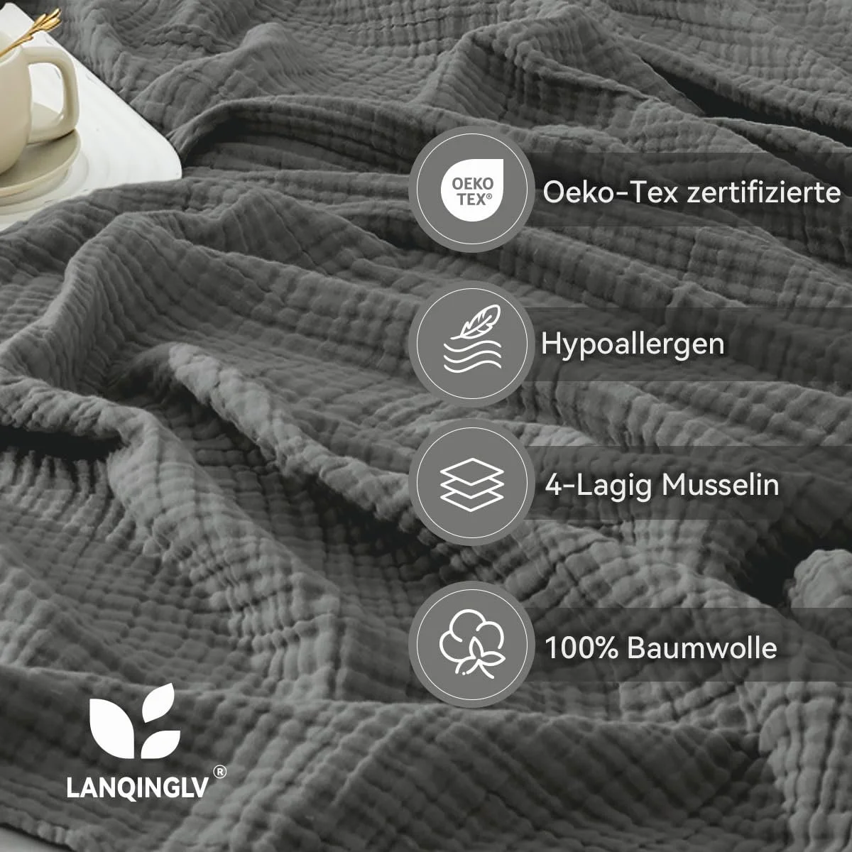 Муслиновое одеяло Lanqinglv, 220 x 240 см, хлопковое одеяло, 4-слойное муслиновое летнее одеяло, серое покрывало, хлопок, фото №4