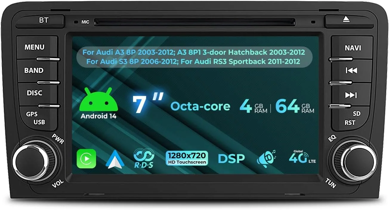 Штатная автомагнитола Junhua для Audi A3 2003-2012 & S3 8P 2006-2012 & RS3 Sportback 2011-2012 / 7" / Сенсорная / 4/64Гб / Android 14 / Apple CarPlay / Android Auto / Bluetooth / WI-FI / GPS / USB / CD/DVD, фото №1