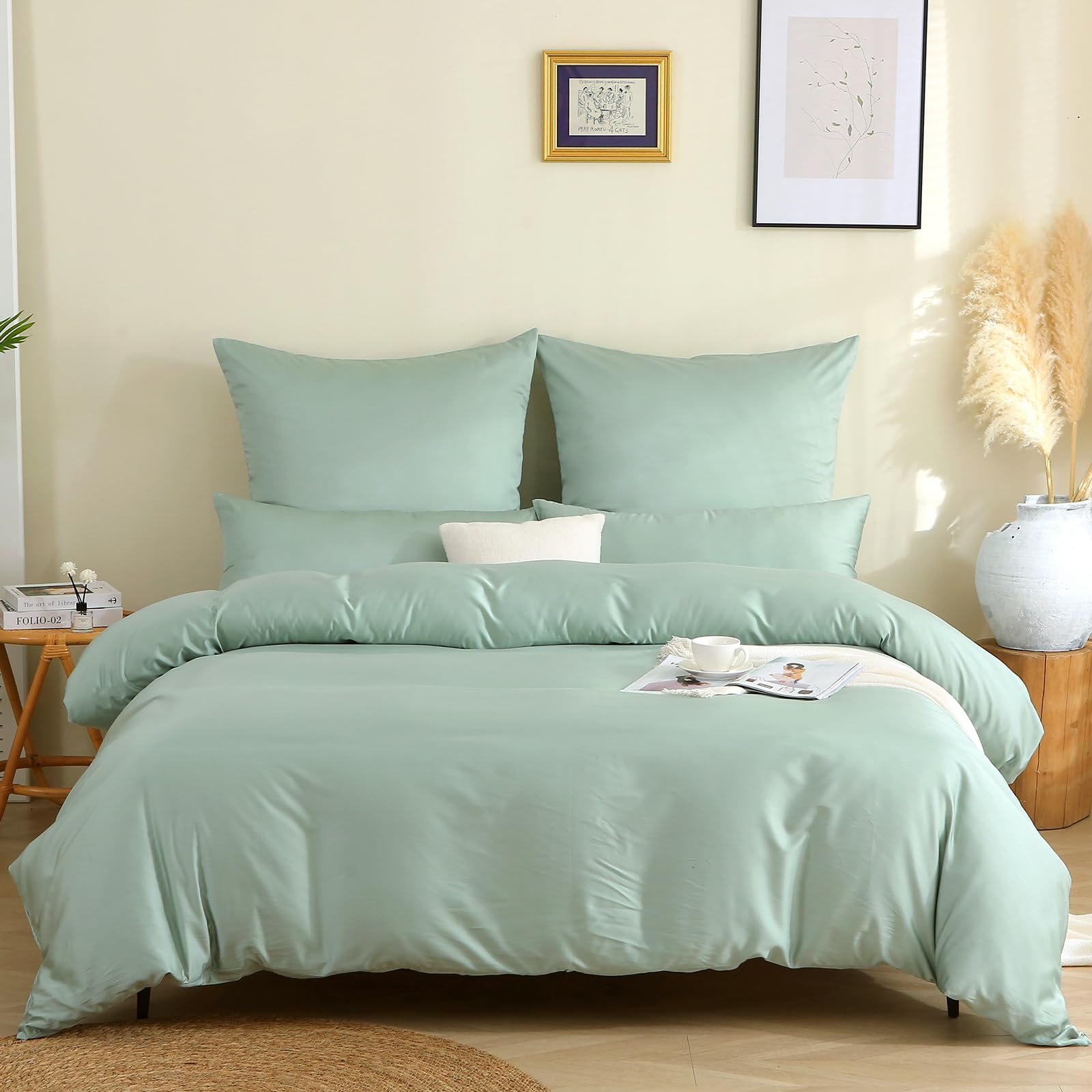 Постільна білизна SOULFUL Mako Satin 135 x 200 см, комплект з блискавкою, Oeko-Tex, включає 1 підковдру 135 x 200 см і 1 наволочку 80 x 80 см, туманно-зелений, фото №1