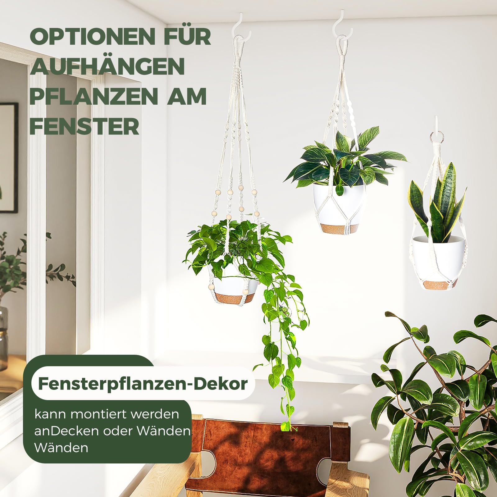 Підвісний кошик макраме Bamworld з 3 горщиками, набір для декору, фото №4