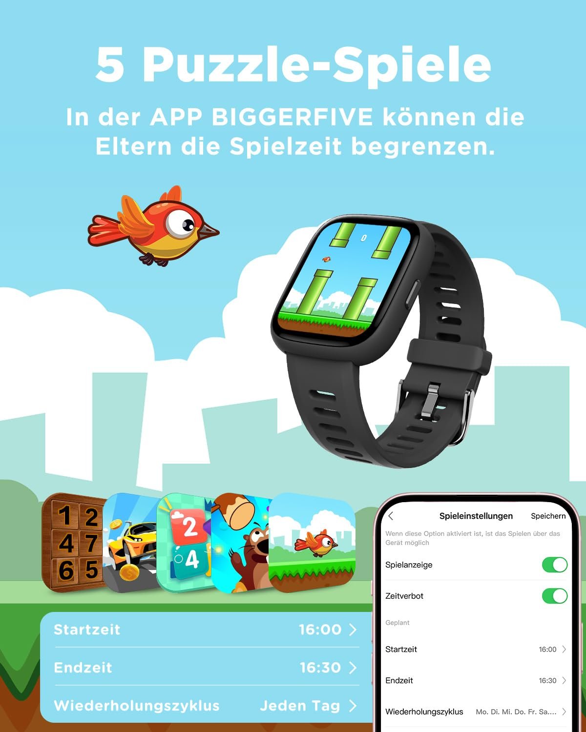 Смарт-годинник BIGGERFIVE Kids BRAVE 2, 1.8 дюйма, крокомір, цілодобовий пульсометр, IP68 водонепроникний, монітор сну, будильник, 5 головоломок, фітнес-трекер для дівчаток, хлопчиків, підлітків 5-16 років, фото №6