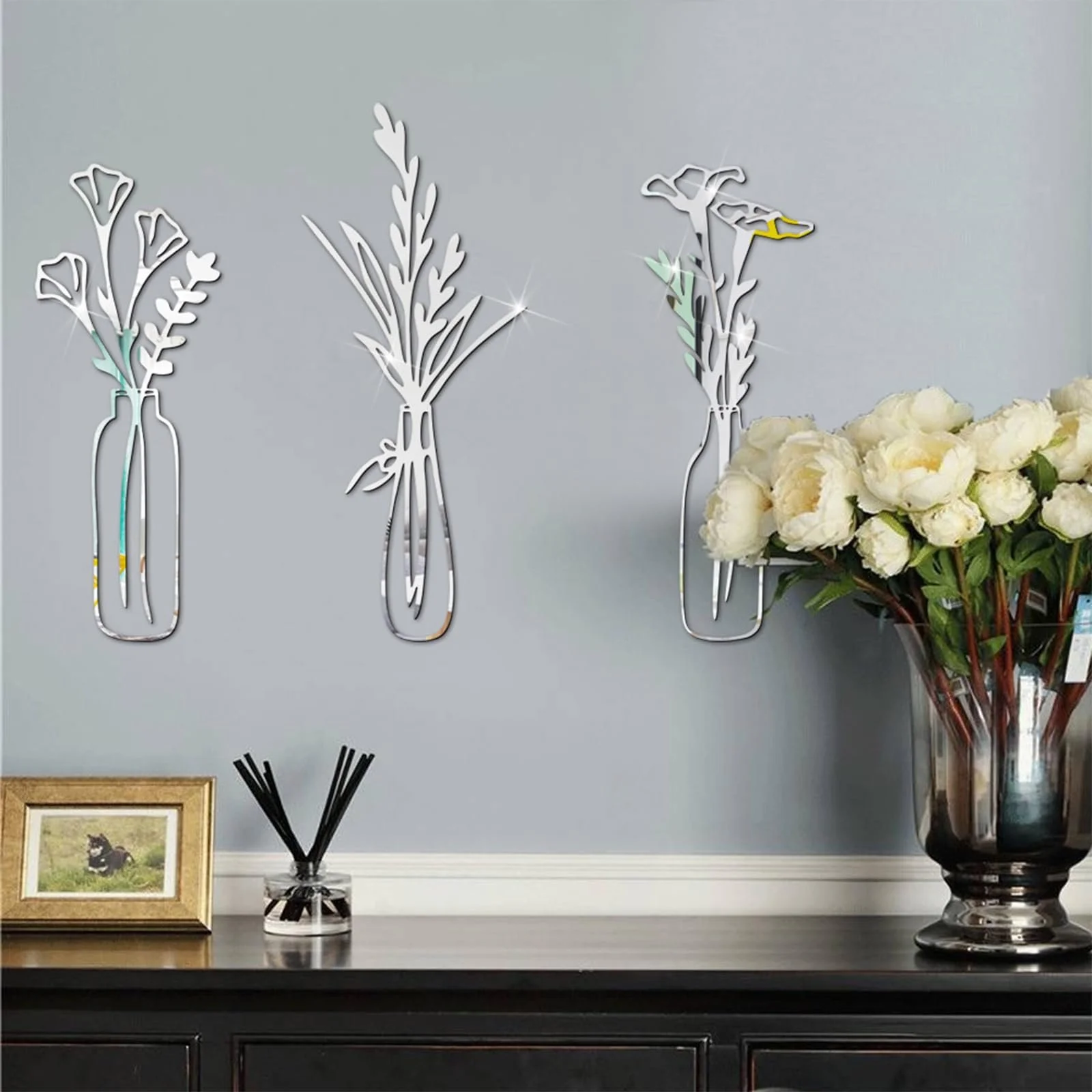 Наклейки на стену Акриловые зеркальные Цветы Ваза 3D Самоклеящиеся 3 шт. Серебристый, фото №6