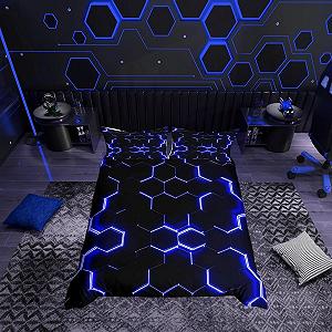 Комплект Постільної Білизни Стільники Loussiesd 135 x 200 см, Синій, Чорний, Шестикутний, Підковдра, Сучасний, Геометричний, Бджолині Стільники, Спрощена Геометрія, На Блискавці - Фото 1