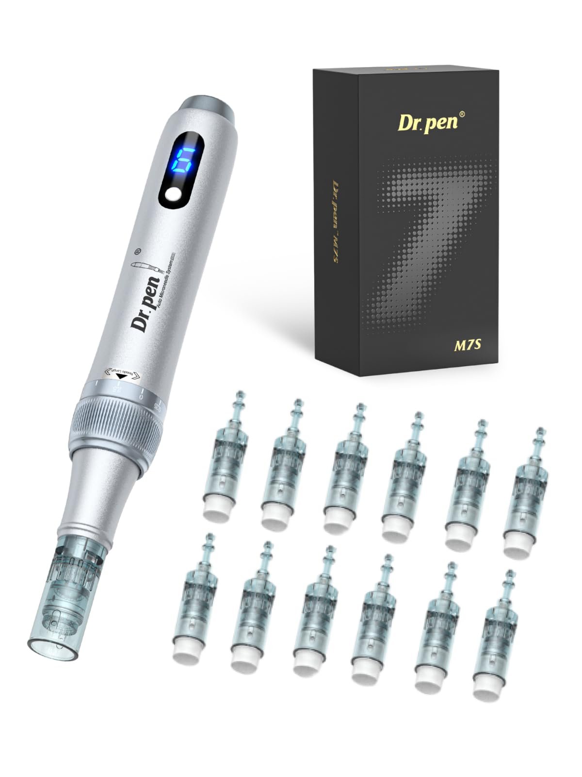 Ручка для мікронідлінгу Dr. Pen M7S з 12 змінними картриджами (16 голок, 24 голки, 36 голок) для антивікового догляду, срібляста, фото №1