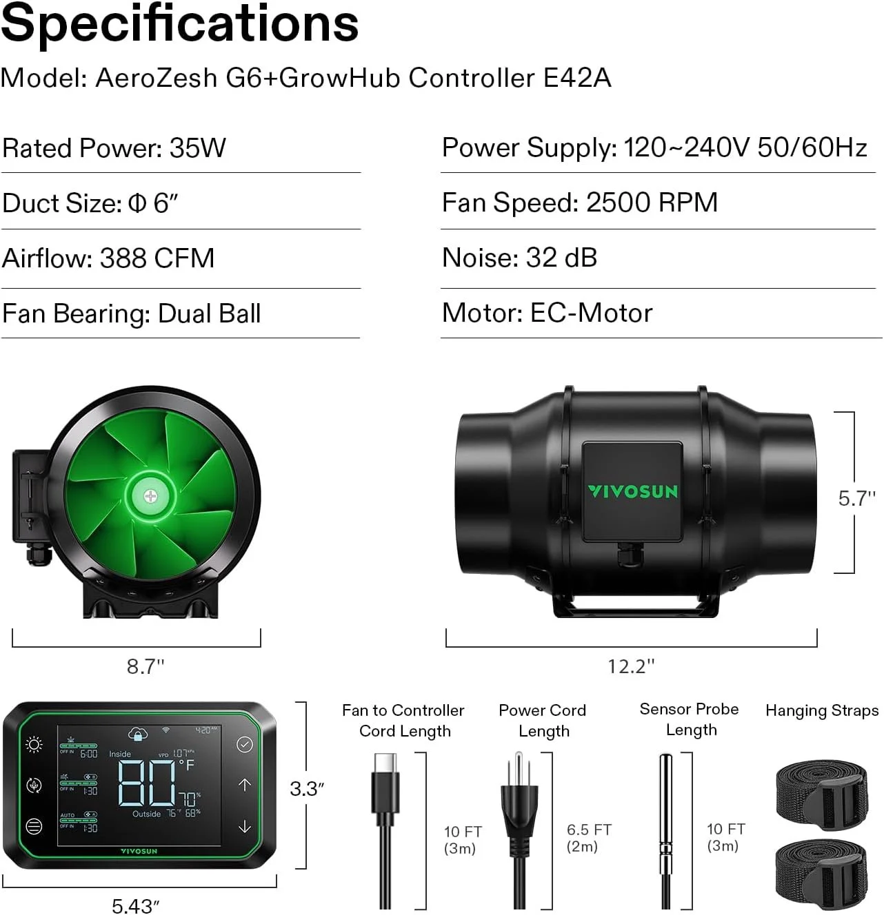 Канальний вентилятор VIVOSUN AeroZesh G6 / 32 дБ / 6" / 35 Вт / 2500 RPM / Чорний, фото №2
