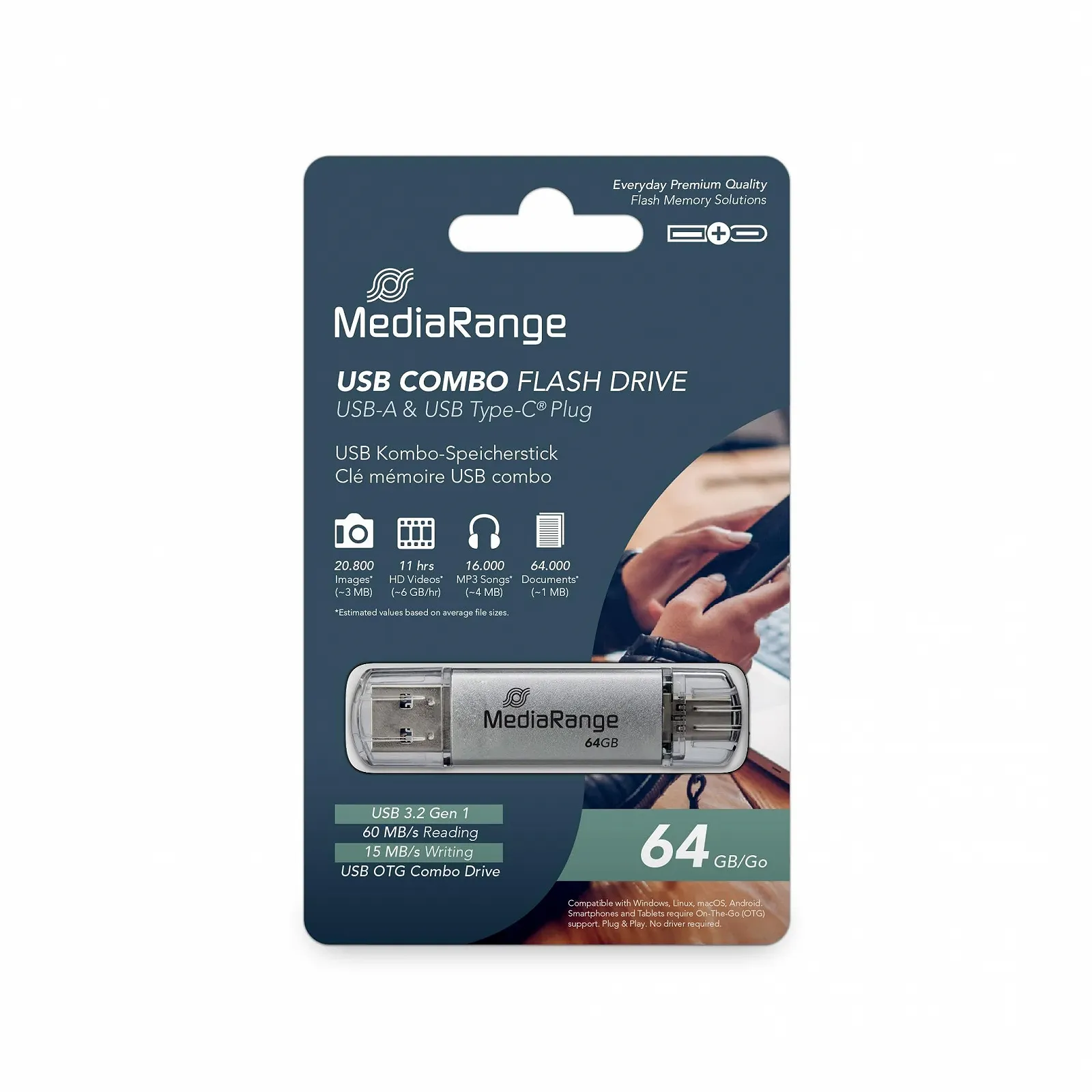 USB накопичувач MediaRange MR937 64GB USB 3.1 + Type C Silver, фото №1 USB накопичувач MediaRange MR937 64GB USB 3.1 + Type C Silver, фото №1