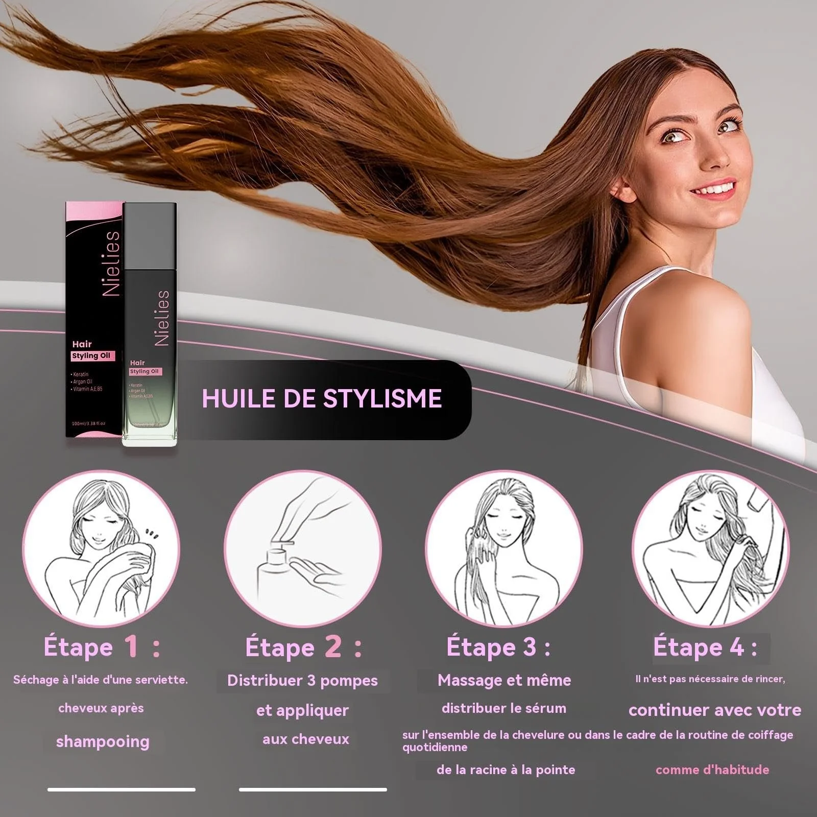 Сироватка для волосся Keratin для кучерявого та пошкодженого волосся з вітамінами A, C, E та B5, фото №5