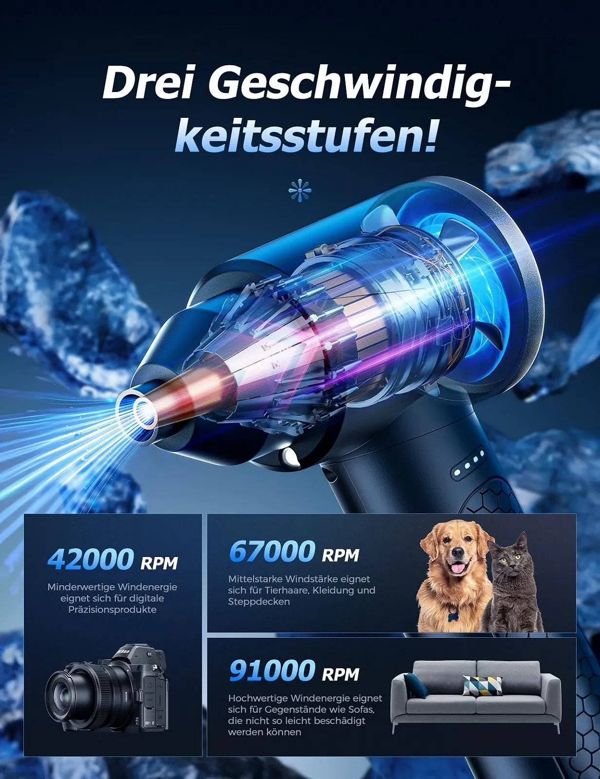 Акумуляторний повітродувка 100 000 RPM 3 швидкості 9000 mAh LED для авто та дому, фото №3 Акумуляторний повітродувка 100 000 RPM 3 швидкості 9000 mAh LED для авто та дому, фото №3