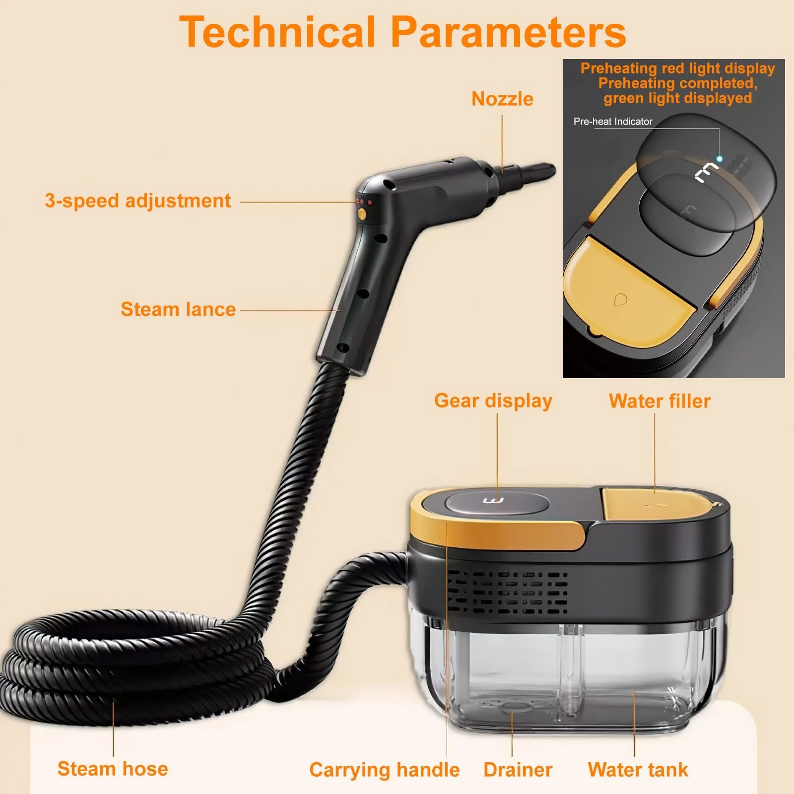 Ручний пароочисник 2500 W 1600 мл 3 bar 3 швидкості, фото №7