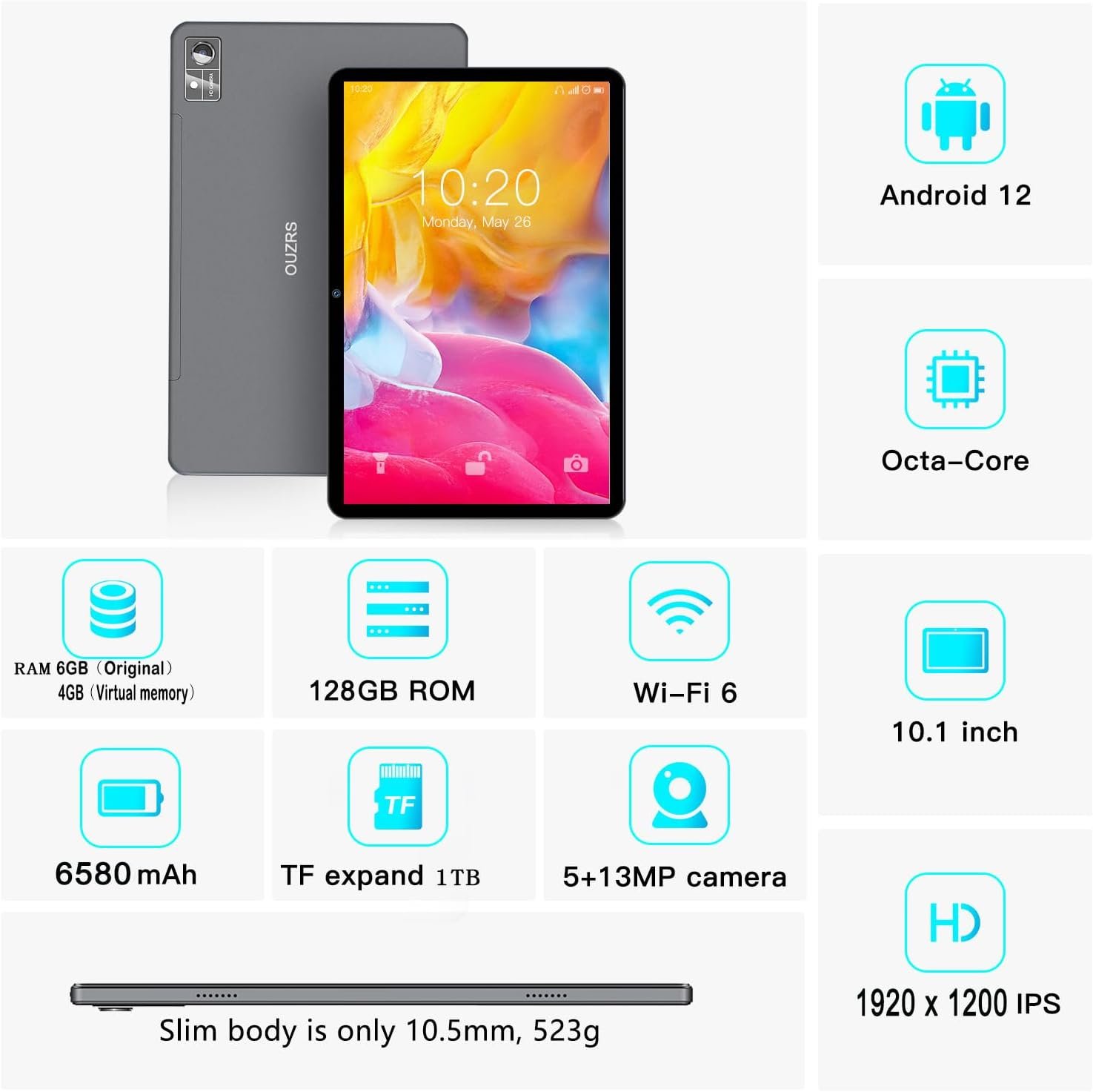 Планшет 10.1" Full HD Ouzrs M3 6/128Gb 8 ядер Andorid 12 6850 mAh Чорно-Серый, фото №2