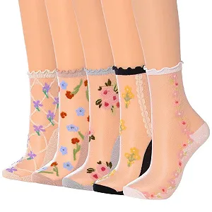 Прозрачные носки IYOU с рюшами, прозрачные носки-лодочки, прозрачные носки с цветком для женщин (5 пар) - Фото 1