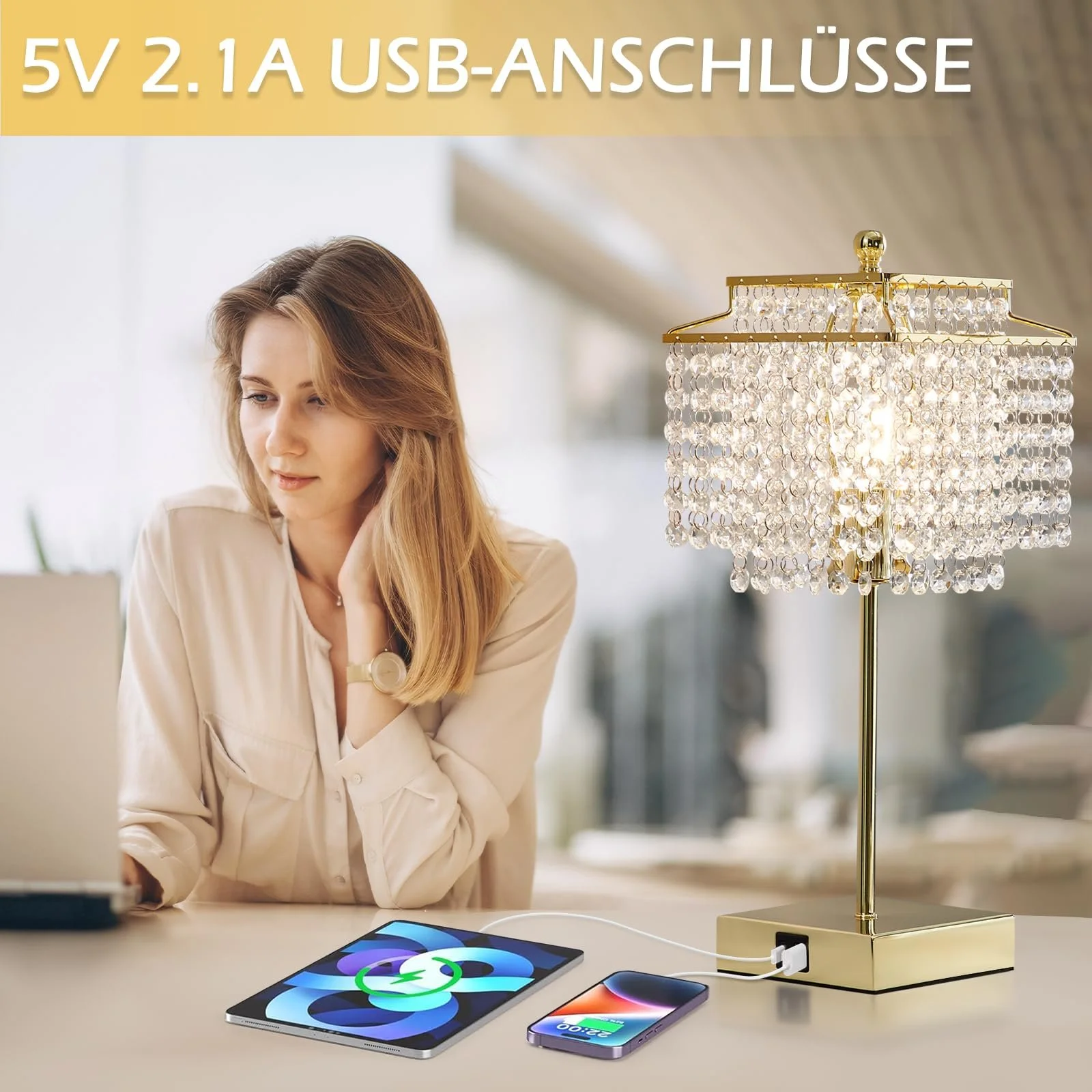 Настільна лампа GyroVu Crystal приліжкова сенсорна з функцією зарядки USB A+C та розетками Золотиста, фото №7