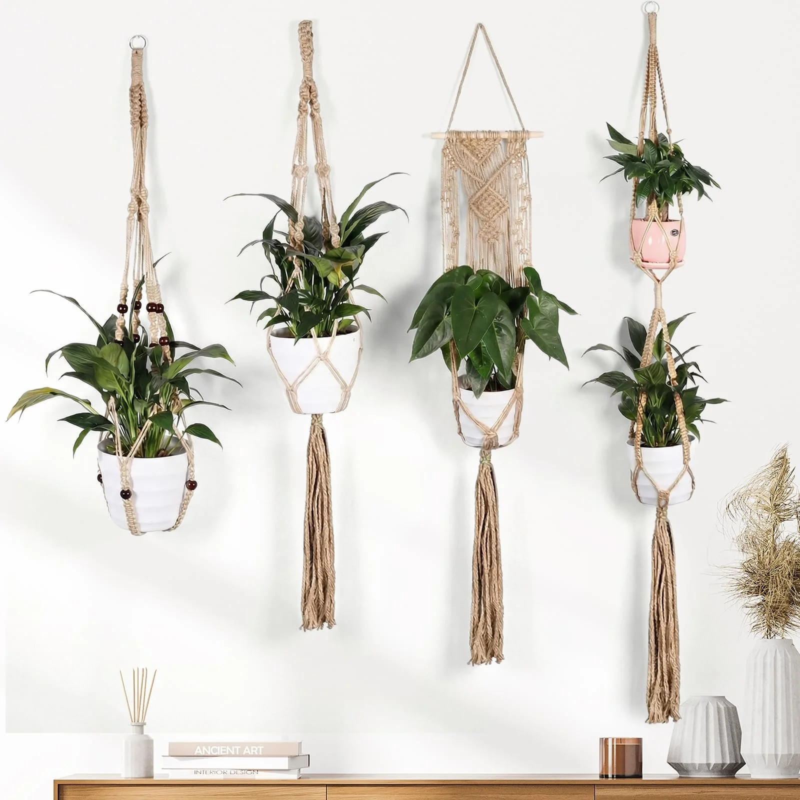 Підвісні кошики макраме Набір із 4 штук Бавовняна мотузка з гачками Коричневий, фото №2
