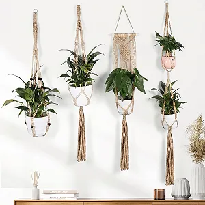 Підвісні кошики макраме Набір із 4 штук Бавовняна мотузка з гачками Коричневий synthetic.ua - Фото 1