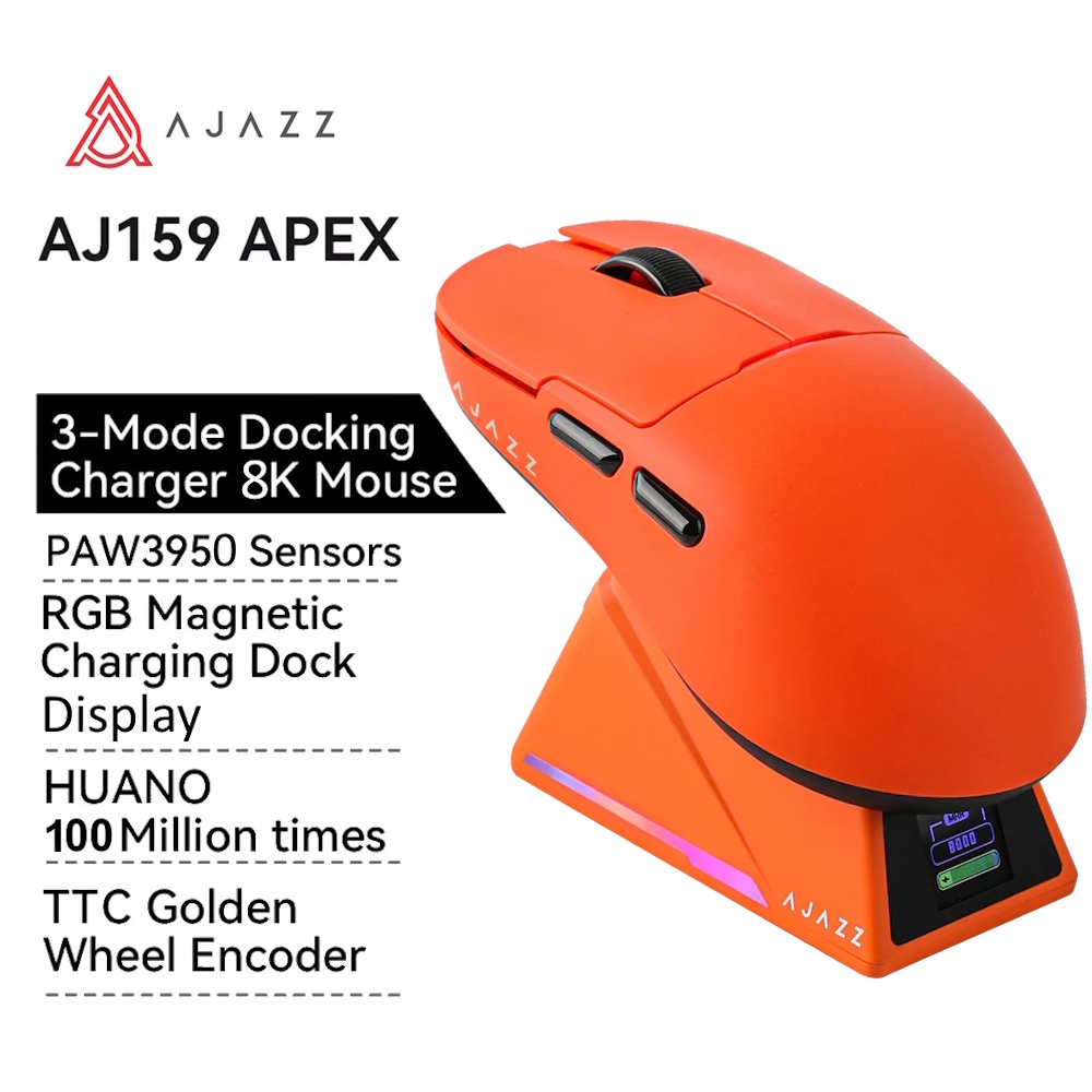 Миша AJAZZ AJ159 APEX Orange PAW3950 DPI 42K Док-станція з екраном, фото №1