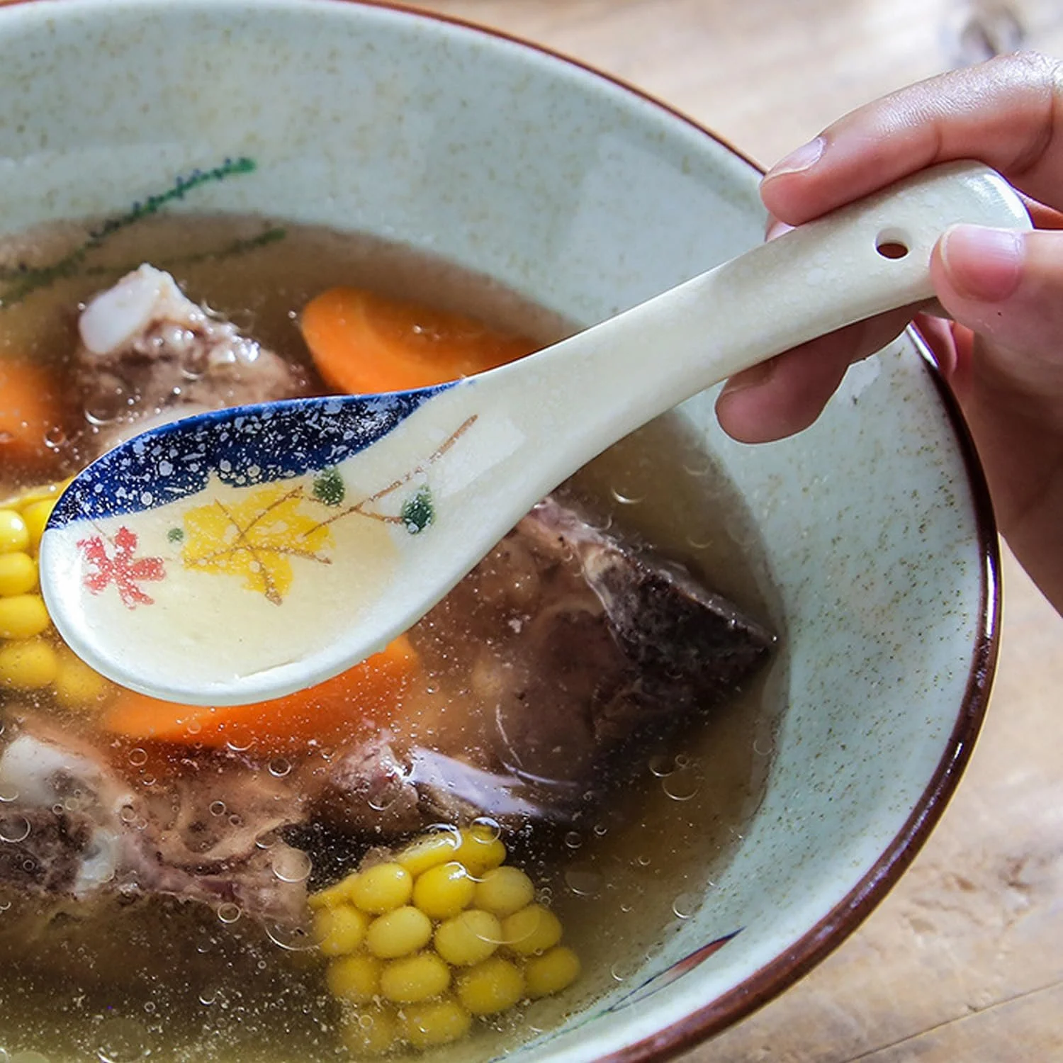 Ложка супова (набір 6 шт.) Ceramic Chinese Soup Spoon в японському стилі для супу, пельменів, фо, вонтонів, місо, фото №5