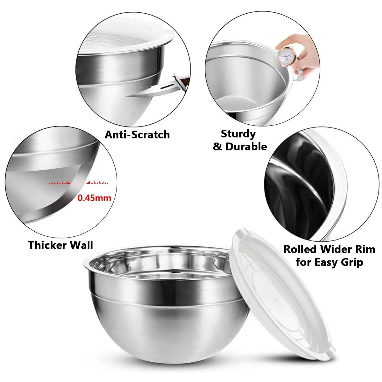 Набор мисок Luvan 304 Stainless Steel 6 шт (4, 3.2, 2.5, 1.8, 1.45, 0.96 L) из нержавеющей стали с крышками Silver, фото №3 Набор мисок Luvan 304 Stainless Steel 6 шт (4, 3.2, 2.5, 1.8, 1.45, 0.96 L) из нержавеющей стали с крышками Silver, фото №3