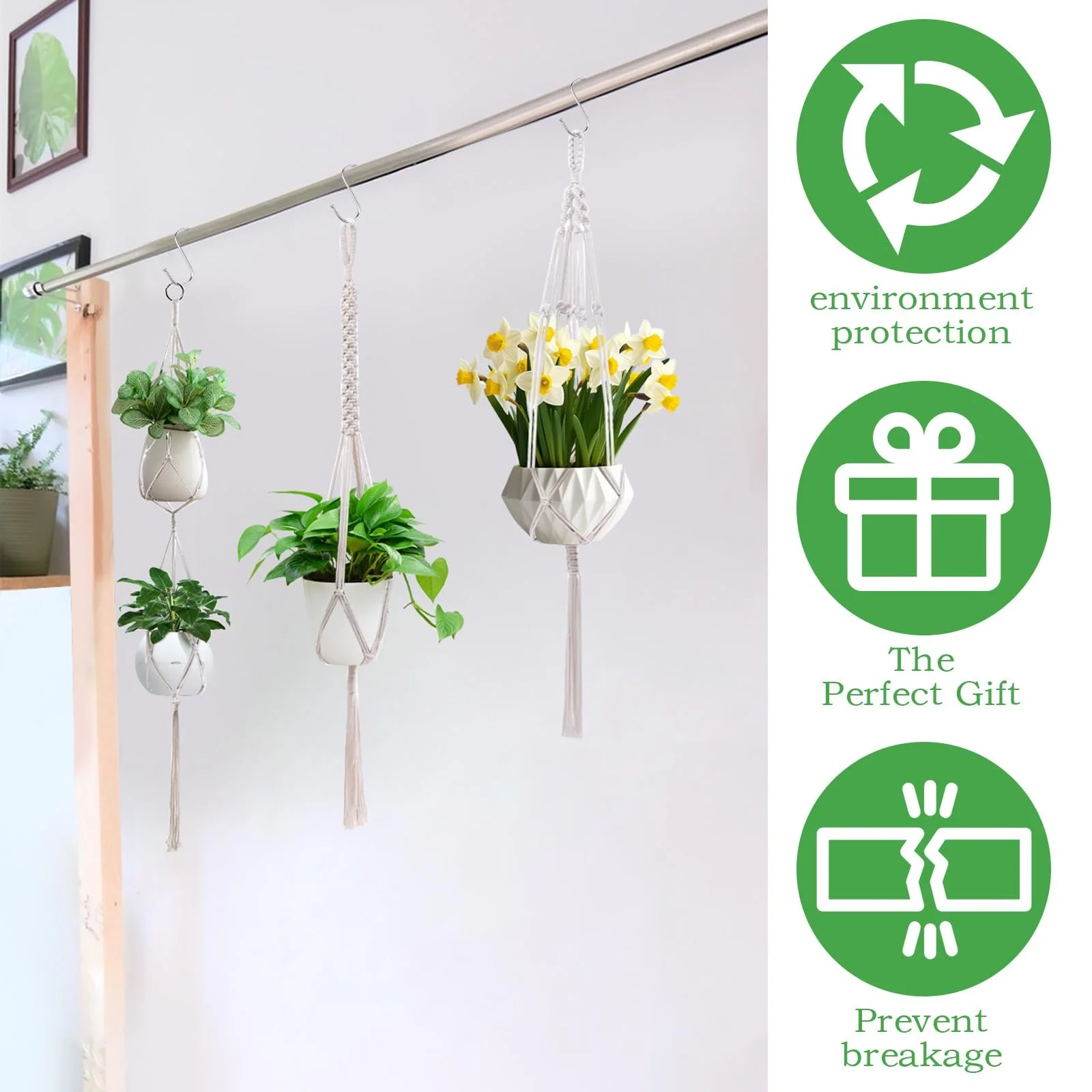 Підвісні кошики макраме Набір 6 шт з 6 гачками Бавовняна мотузка Бохо-стиль, фото №4 Підвісні кошики макраме Набір 6 шт з 6 гачками Бавовняна мотузка Бохо-стиль, фото №4