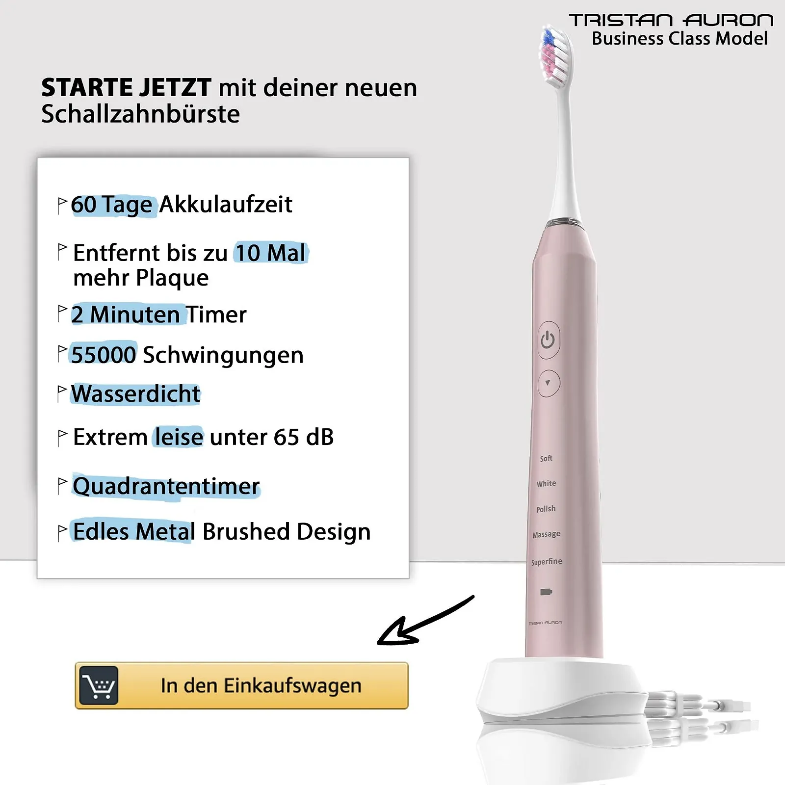 Электрическая звуковая зубная щетка Tristan Auron 55 000 VPM IPX7 Pink, фото №3