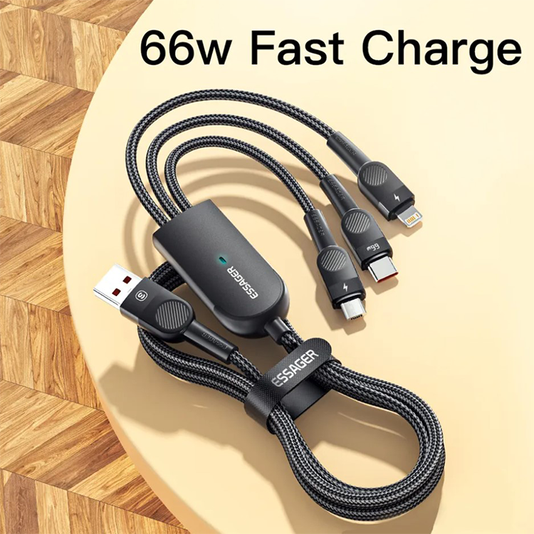 Зарядный кабель Swift 3 в 1 ESSAGER micro USB Type-C Lightning 1.2метр 66W, фото №3
