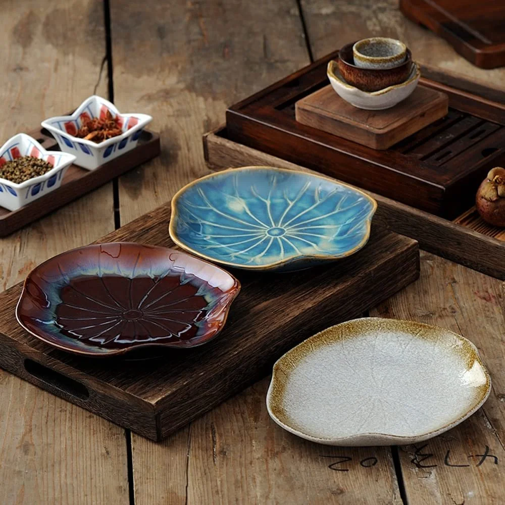 Керамічна тарілка для салату та десертів у формі листка лотоса 20,5x19x2,5 см антикварний стиль, фото №5 Керамічна тарілка для салату та десертів у формі листка лотоса 20,5x19x2,5 см антикварний стиль, фото №5