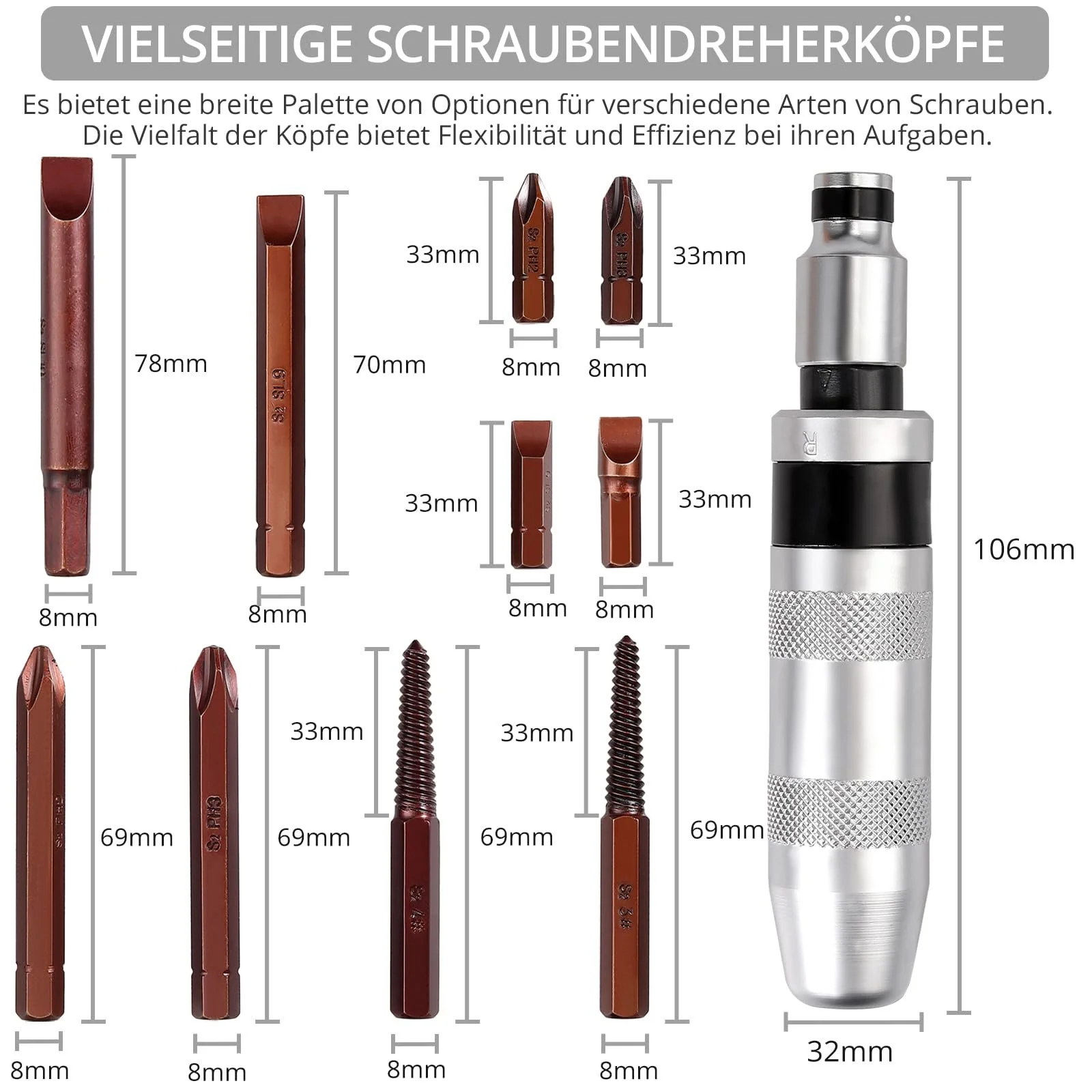 Набір ударних викруток Justech 12 x 1/2 дюйма шліцьові Phillips Hex біти Heavy Duty, фото №2
