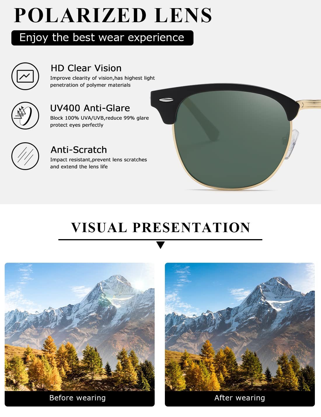 Поляризовані сонцезахисні окуляри Kimorn AE0550 Унісекс, Ретро напівбезобідкова оправа, Класичні окуляри, фото №6