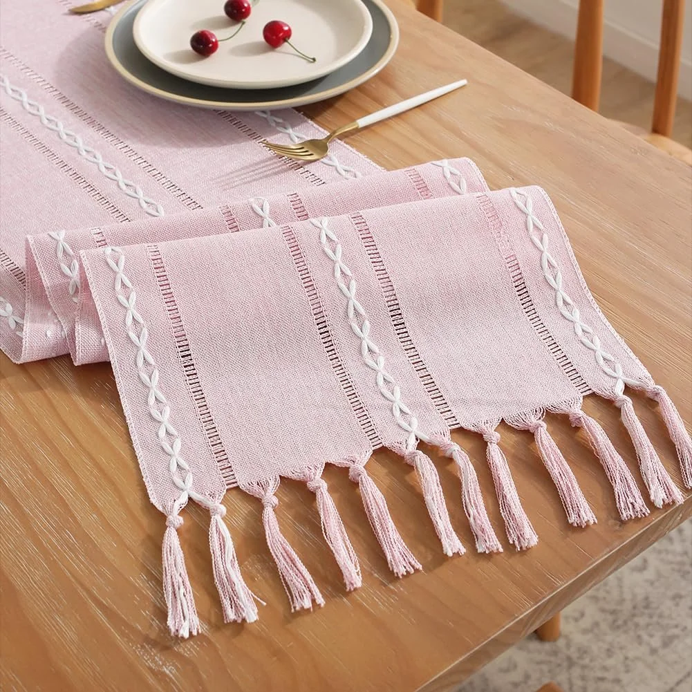 Ранер для столу meioro Rustic Boho Braided Striped Linen Polyester 33 x 200 см Рожевий, фото №5