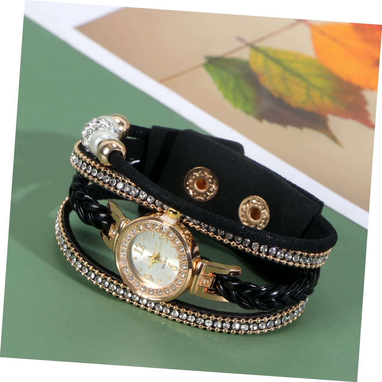 Женские наручные часы OATIPHO с плетеным браслетом, стразами, черные, фото №8