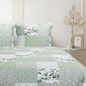 Покрывало лоскутное Autrefois Patchwork Зеленый April 230 x 250 см с 2 наволочками 65 x 65 см стеганое Двуспальная Цветочный synthetic.ua - Фото 1