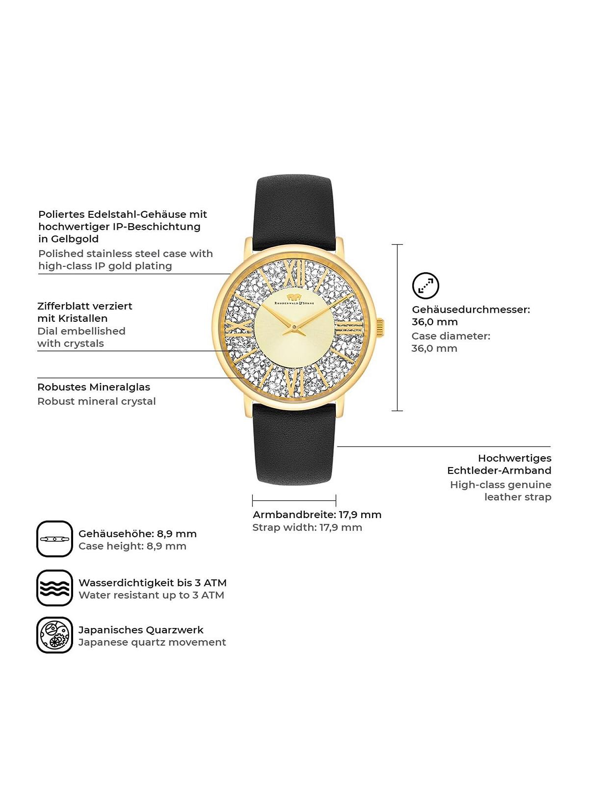 Жіночий годинник Rhodenwald & Söhne, аналоговий, кварцовий, Японія, 10010337, чорний шкіряний ремінець, прикрашений кристалами, золотий, фото №7 Жіночий годинник Rhodenwald & Söhne, аналоговий, кварцовий, Японія, 10010337, чорний шкіряний ремінець, прикрашений кристалами, золотий, фото №7
