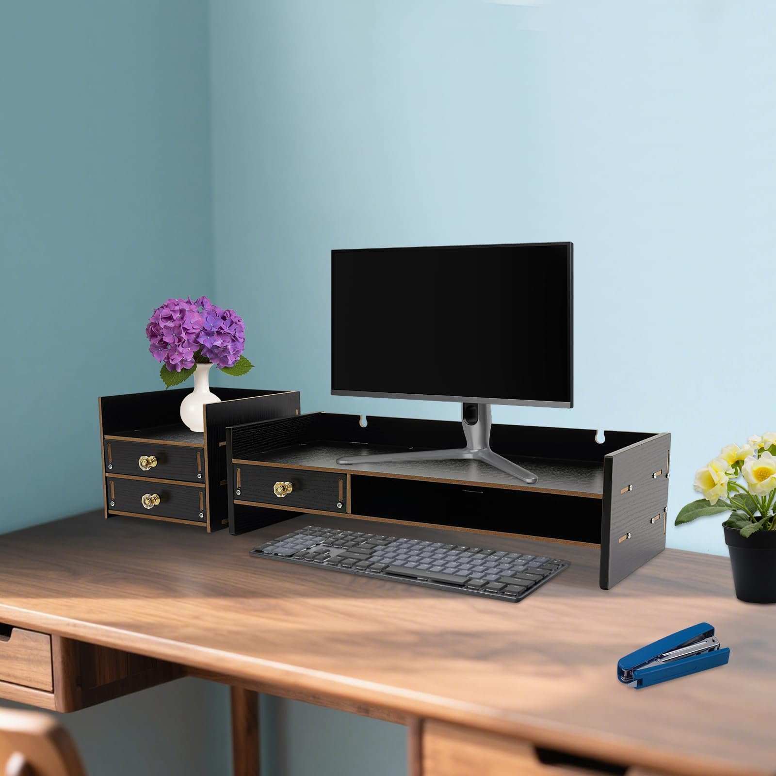 Підставка для монітора для комп'ютерного столу з 3 шухлядами, чорна, МДФ, регульована по висоті, фото №3