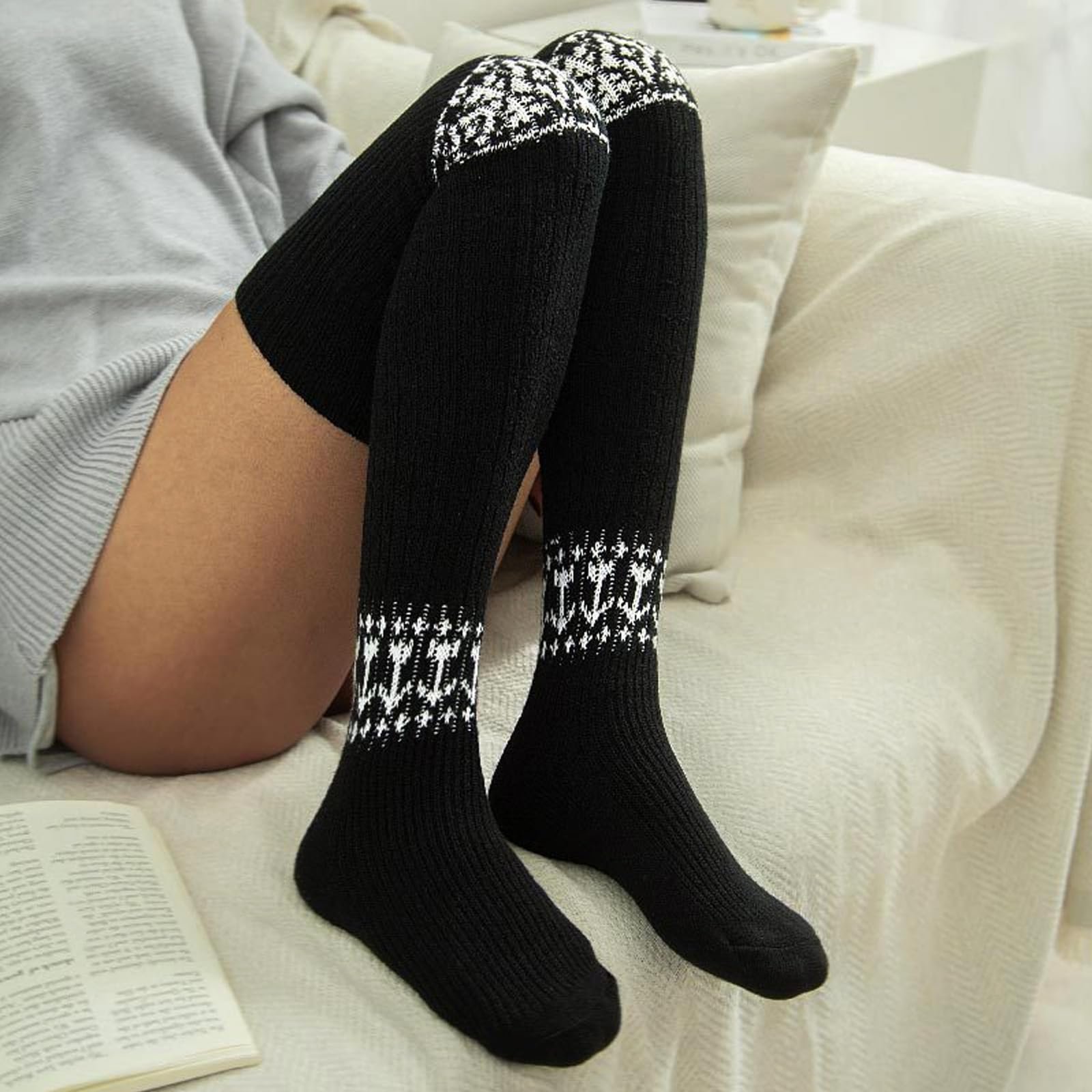 Носки выше колена 84 см, женские, черные, вязаные, гетры выше колена, длинные полосатые чулки до бедра, ретро гетры, фото №5