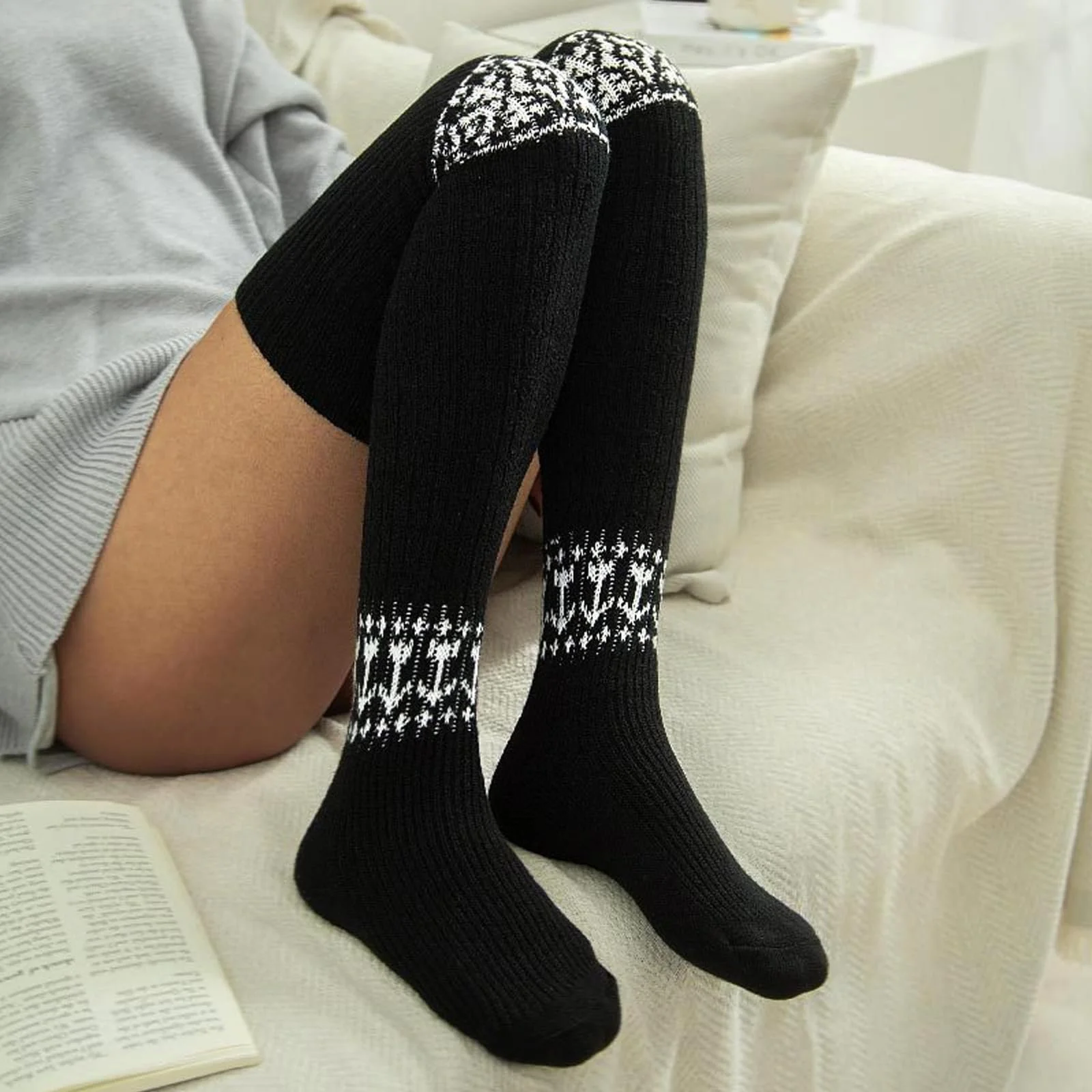 Носки выше колена 84 см, женские, черные, вязаные, гетры выше колена, длинные полосатые чулки до бедра, ретро гетры, фото №5