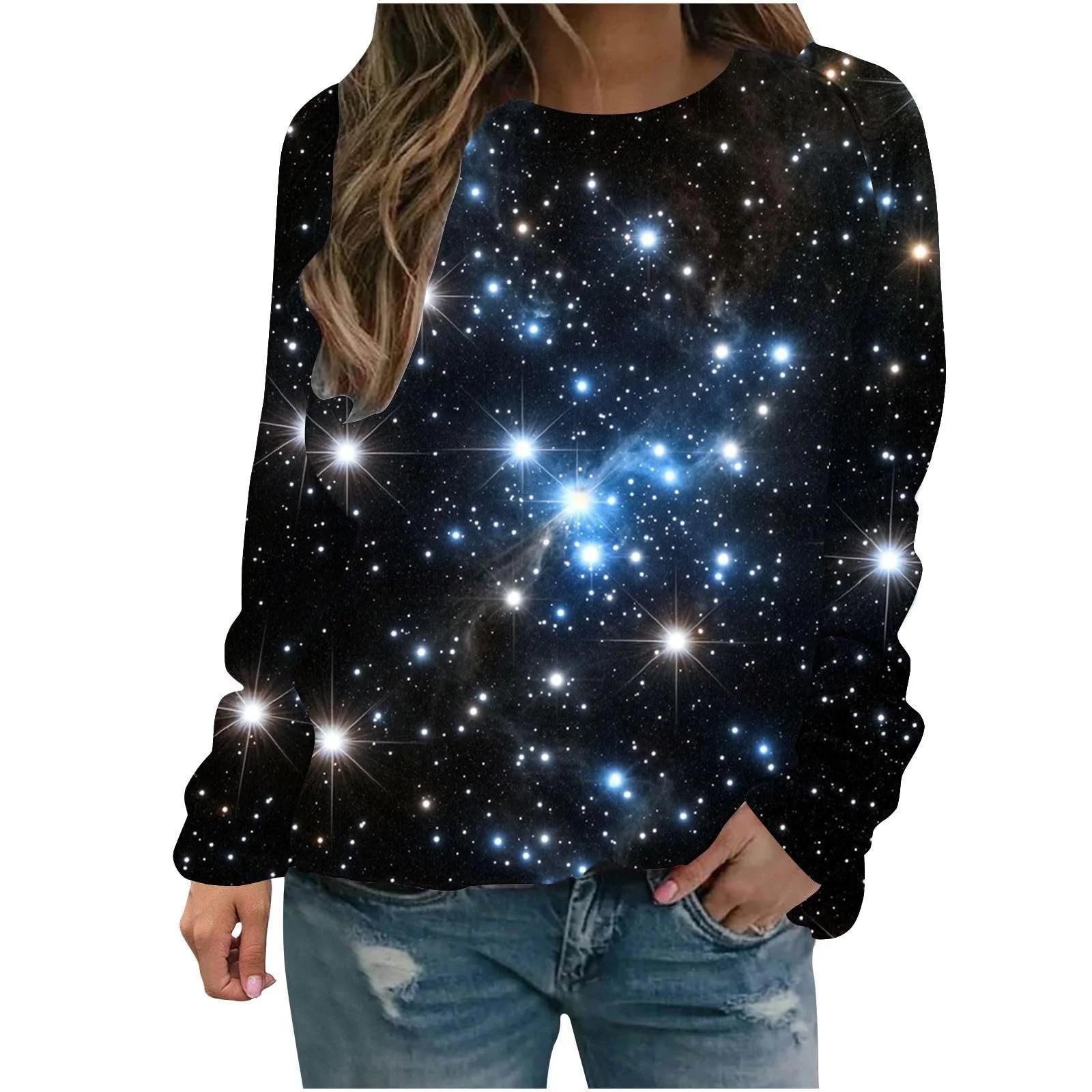 Лонгслив Komiseup Galaxy Женский с длинными рукавами, круглым вырезом, без капюшона, 3D принт галактики, модный пуловер со звездным небом, большие размеры, карнавальный костюм, подростковая одежда, Streetwear 08, фото №1
