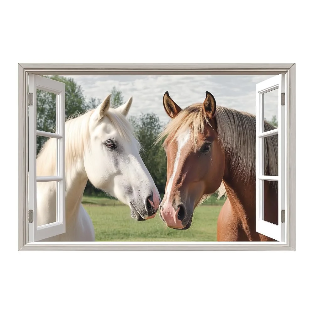 Настінна наклейка SUPERDANT Коні перед вікном Вінілова Велика кольорова, фото №3