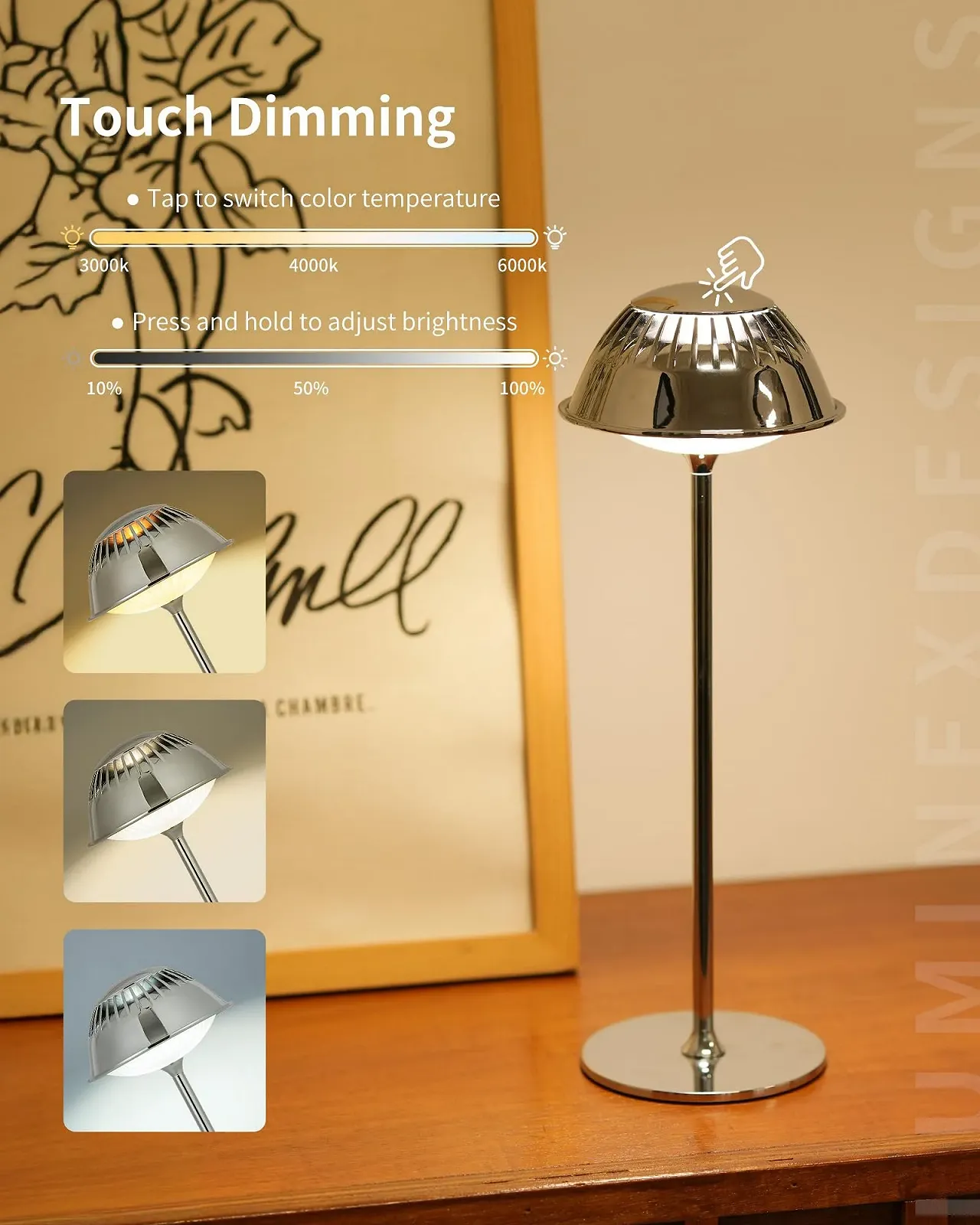 Настільна лампа LED бездротова сенсорна регульована яскравість водонепроникна акумуляторна Сріблястий хром, фото №5