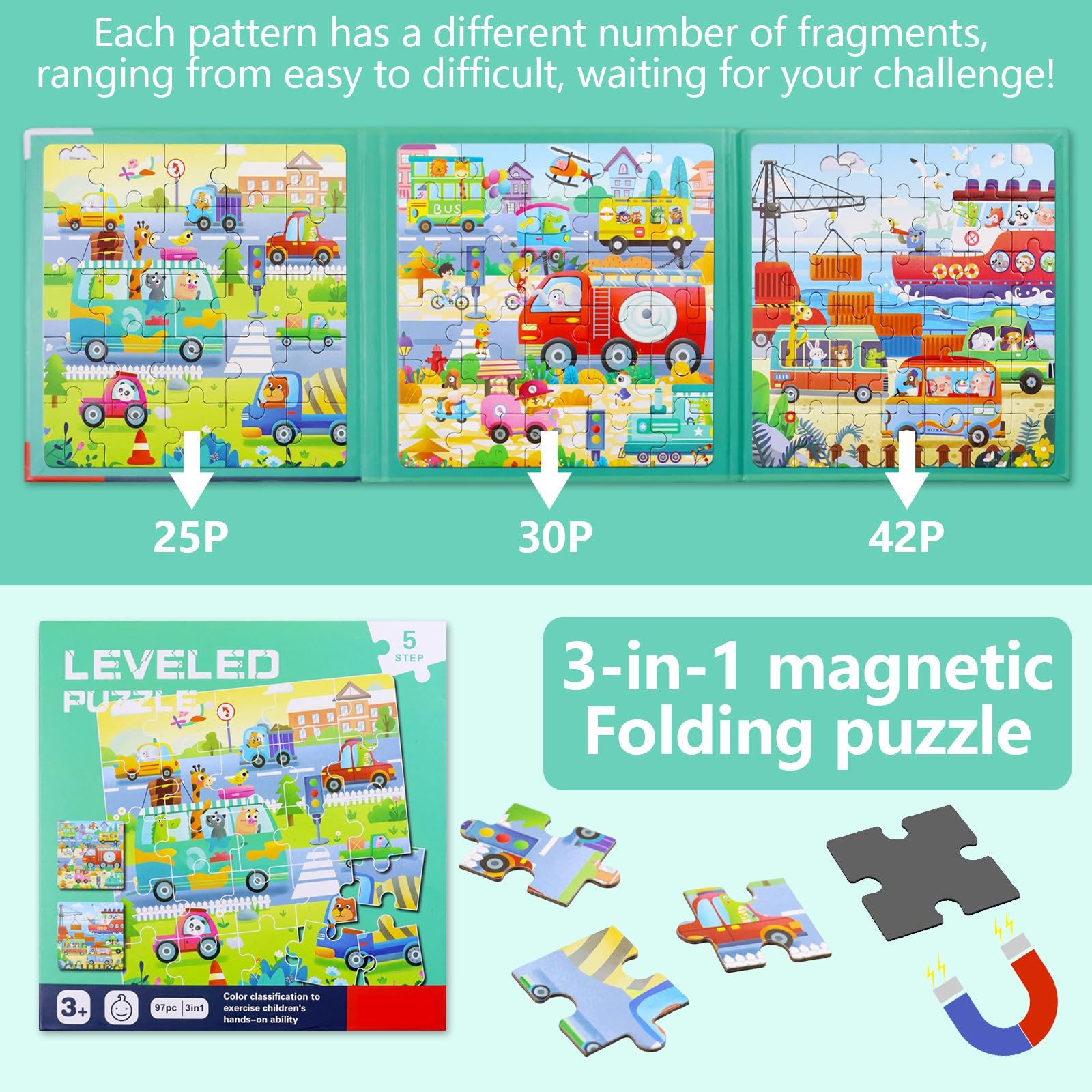 Магнітний пазл 3-в-1 Дорожній рух 25-30-42 елементи, фото №3