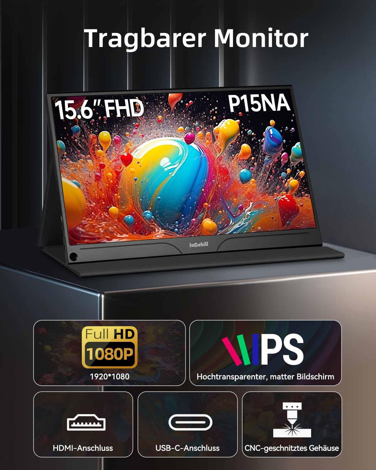 Монітор Intehill Portable P15NA 15.6 дюймів 1920x1080 FHD матовий HDMI/Type-C/USB-C, фото №2