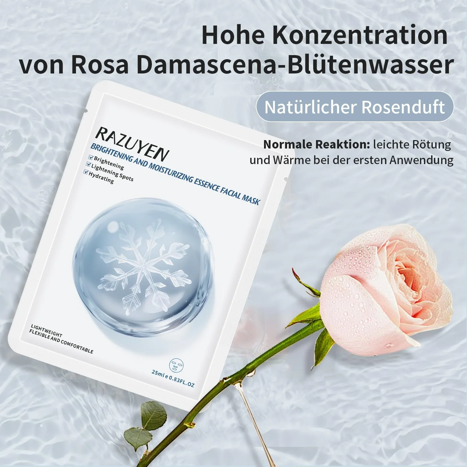 Тканевая Маска для Лица RAZUYEN Glow Effect (10 шт. в упаковке) с Розовой Водой, Ниацинамидом и Гиалуроновой Кислотой для Сухой, Бледной и Матовой Кожи, Восстанавливающая Увлажняющая Маска, фото №8