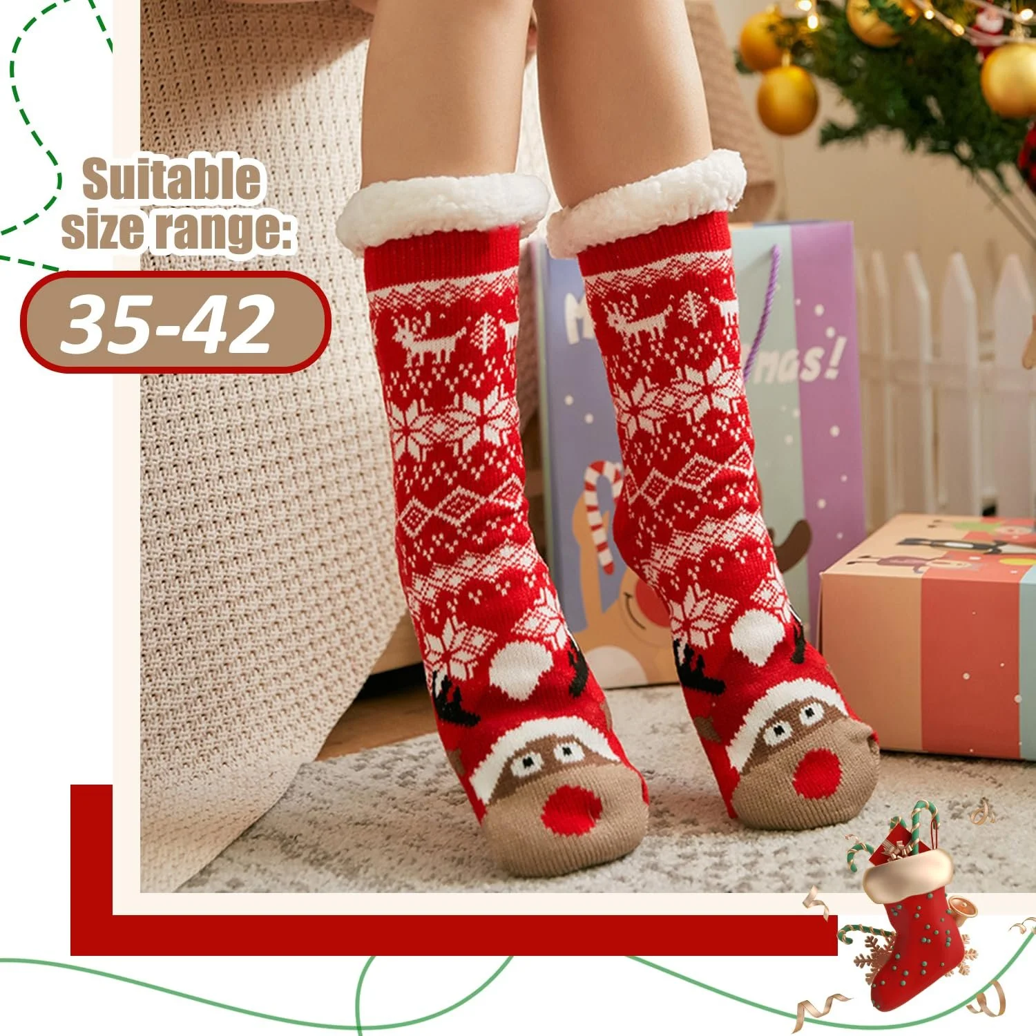 Теплі Різдвяні шкарпетки, 1 пара Теплі шкарпетки-стопери, фото №2