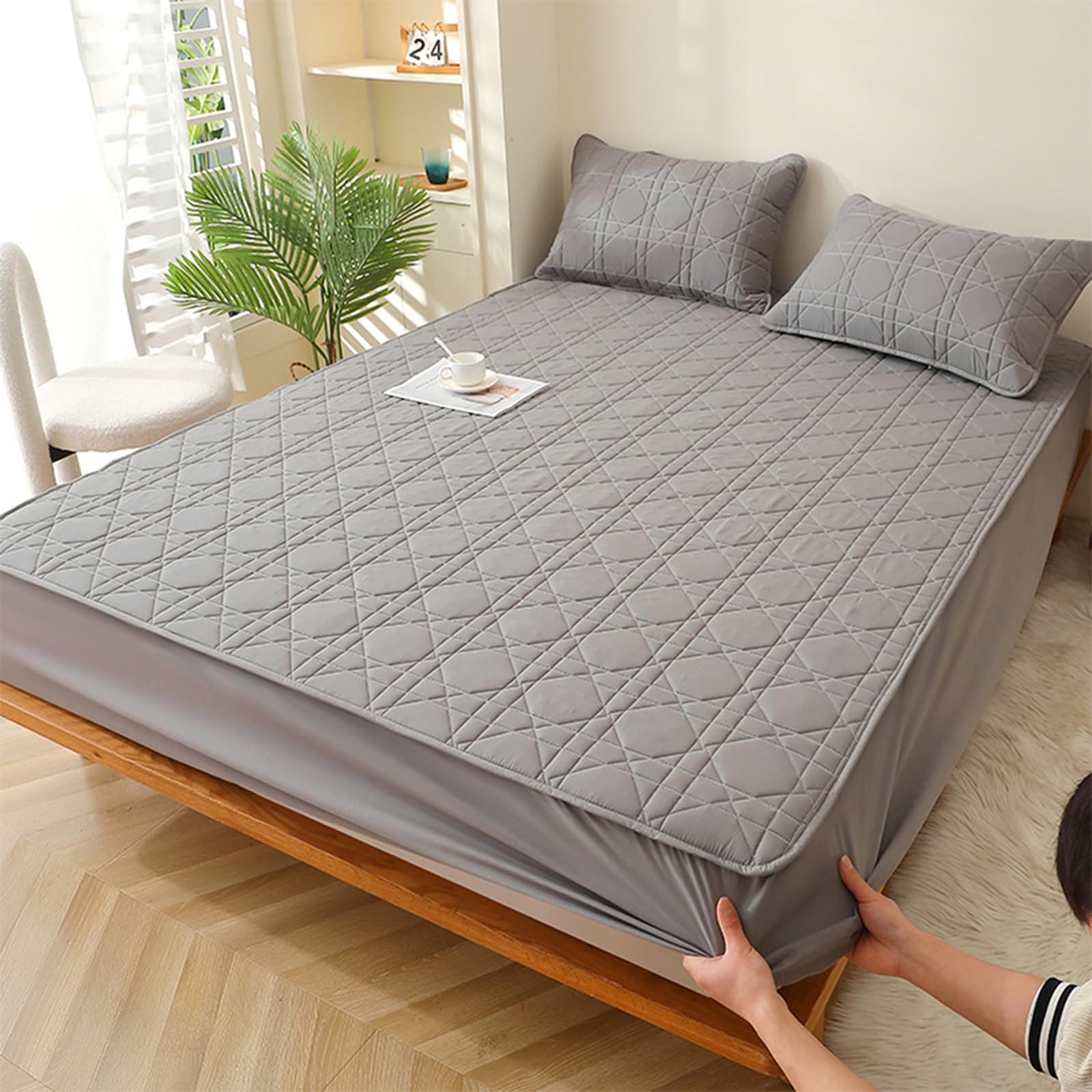 Наматрасник HAIBA 180 x 200 см Серый стеганый простыня с глубоким карманом 30 см, простыня на резинке 2-в-1 из органического хлопка, тихий, подходит для кровати с пружинным блоком, фото №3