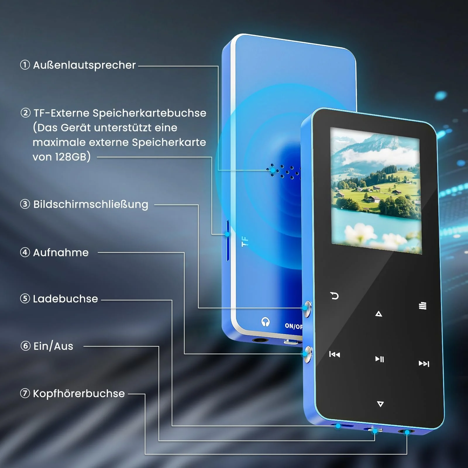 MP3-плеер HOVIN 128GB Bluetooth, с динамиком, наушниками, слотом для TF-карты, цветной экран 1,8 дюйма, FM-радио, видео, запись голоса, спортивный, фото №4