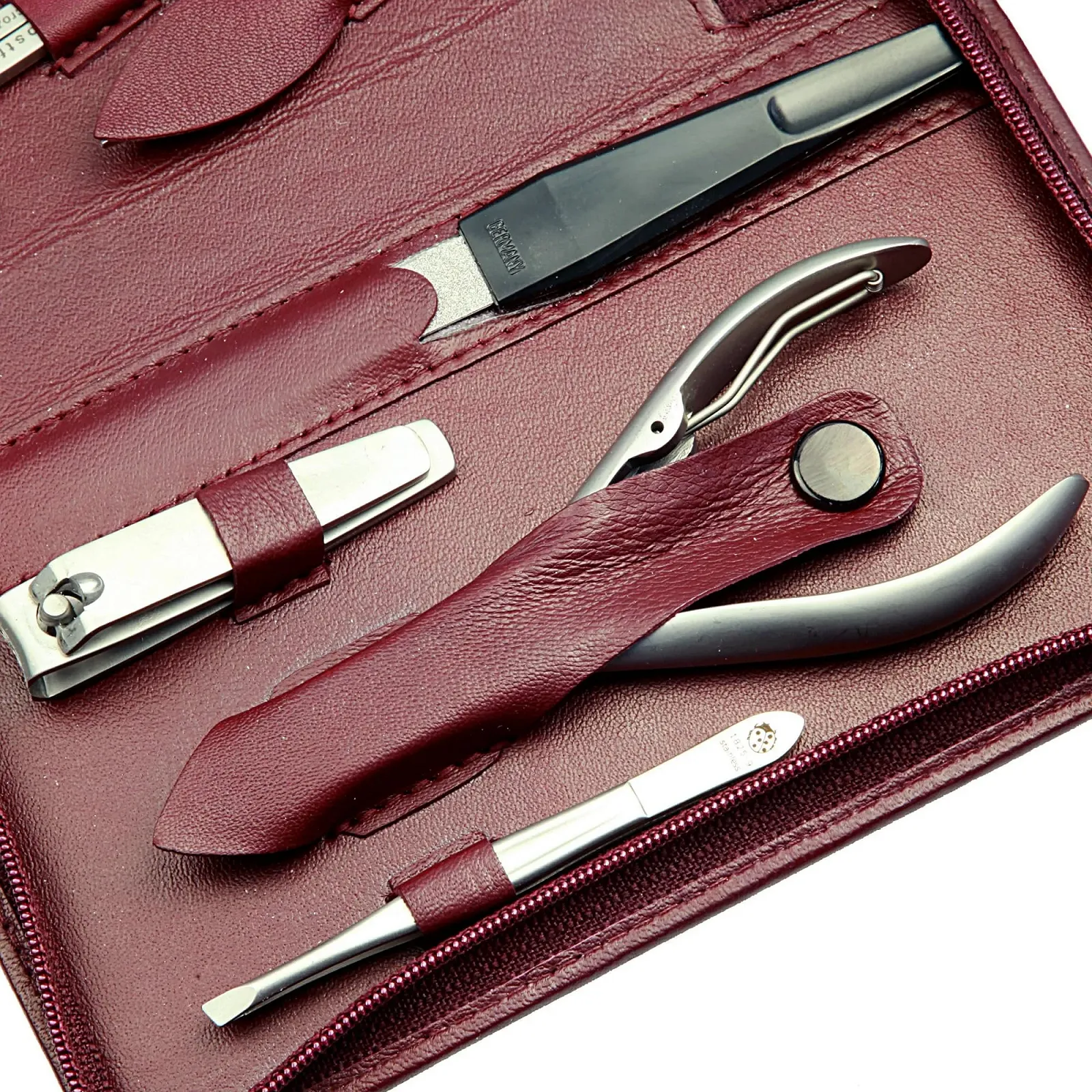 Манікюрний набір Sonnenschein by Hans Kniebes, 9 предметів, матове покриття, нержавіюча сталь, шкіра наппа, бордовий, фото №3