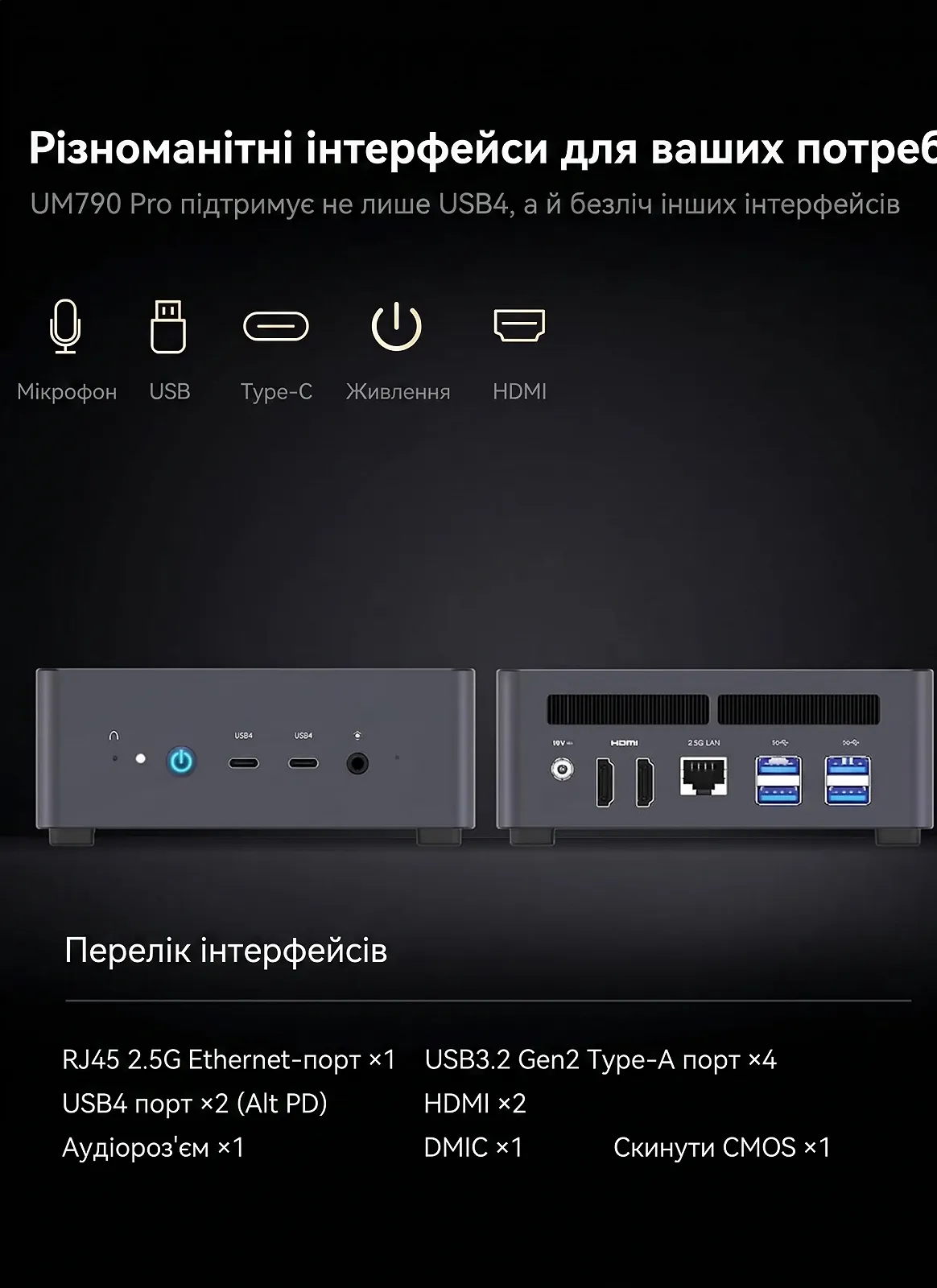 Міні ПК MINISFORUM Venus UM790 Pro / AMD Ryzen 9 7940HS / 2 x HDMI / LAN / Wi-Fi 6E / Bluetooth 5.3 / Сірий, фото №5