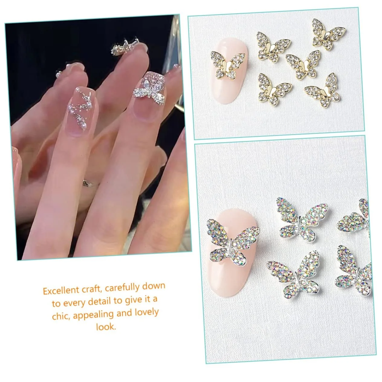 Прикраса для ногтей Бабочка Healvian 88 шт Золотистый Подвеска для ногтей Плоская задняя часть Камни для ногтей Бриллианты для ногтей 3D Шарм Маникюрный сплав, фото №3
